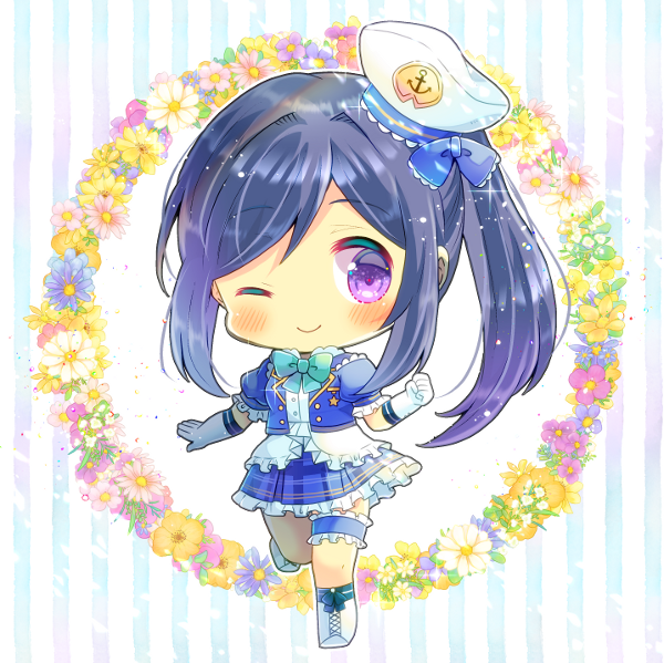 1girl ;) anchor_symbol bangs black_hair blue_bow blue_jacket blue_skirt blush boots bow closed_mouth commentary_request cross-laced_footwear elbow_gloves eyebrows_visible_through_hair floral_background frilled_shirt frilled_skirt frills full_body gloves jacket kouu_hiyoyo lace-up_boots leg_garter love_live! love_live!_sunshine!! matsuura_kanan one_eye_closed open_clothes open_jacket plaid plaid_skirt pleated_skirt puffy_short_sleeves puffy_sleeves shirt short_sleeves side_ponytail skirt smile solo standing standing_on_one_leg striped striped_background tilted_headwear vertical_stripes violet_eyes white_footwear white_gloves white_headwear white_shirt