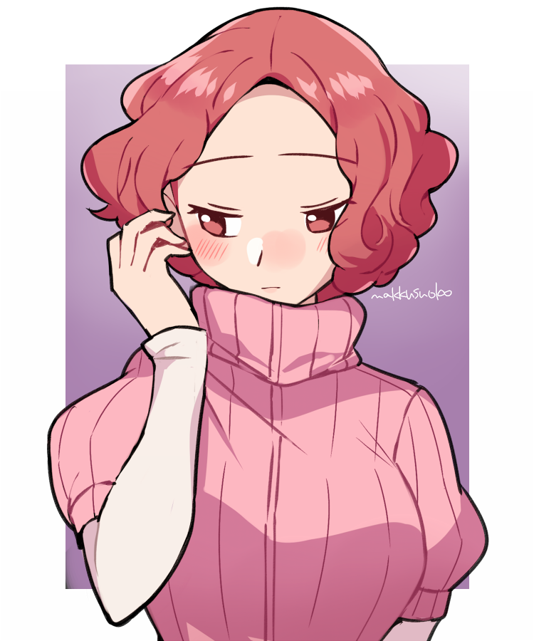 1girl :| artist_name blush border brown_eyes brown_hair closed_mouth do_m_kaeru eyebrows_visible_through_hair gradient gradient_background hand_to_head long_sleeves okumura_haru persona persona_5 pink_sweater ribbed_sweater short_over_long_sleeves short_sleeves solo sweater upper_body white_border white_sleeves