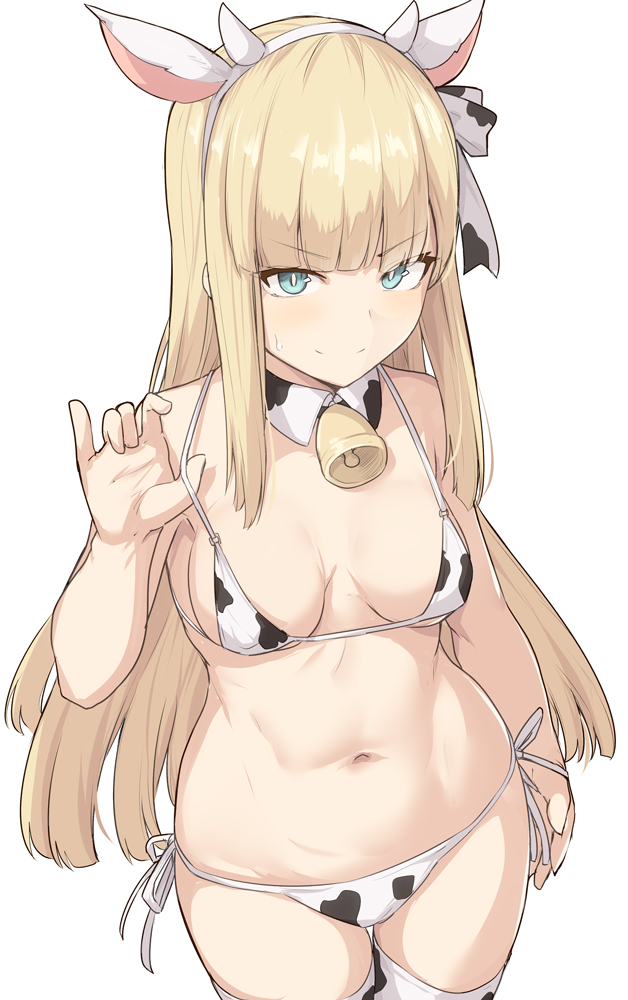 1girl animal_ears animal_print aqua_eyes bangs bell bell_collar bikini blonde_hair blush breasts closed_mouth collar cow_ears cow_horns cow_print detached_collar fake_animal_ears fate_(series) hairband horns long_hair looking_at_viewer lord_el-melloi_ii_case_files navel reines_el-melloi_archisorte shiseki_hirame sidelocks simple_background small_breasts smile swimsuit thigh-highs thighs white_background white_bikini white_legwear