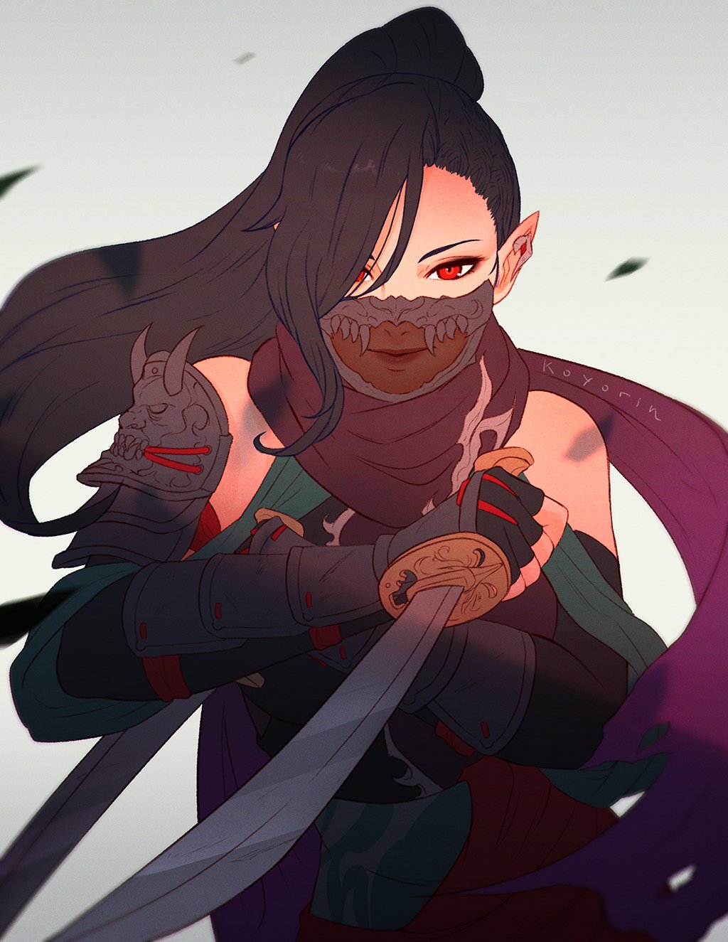 1girl arm_guards black_hair dual_wielding elbow_gloves elezen elf final_fantasy final_fantasy_xiv fingerless_gloves gloves hair_between_eyes highres hilda_ware holding hybrid koyorin long_hair looking_at_viewer mask mouth_mask ninja_(final_fantasy) pointy_ears ponytail red_eyes see-through solo upper_body white_background