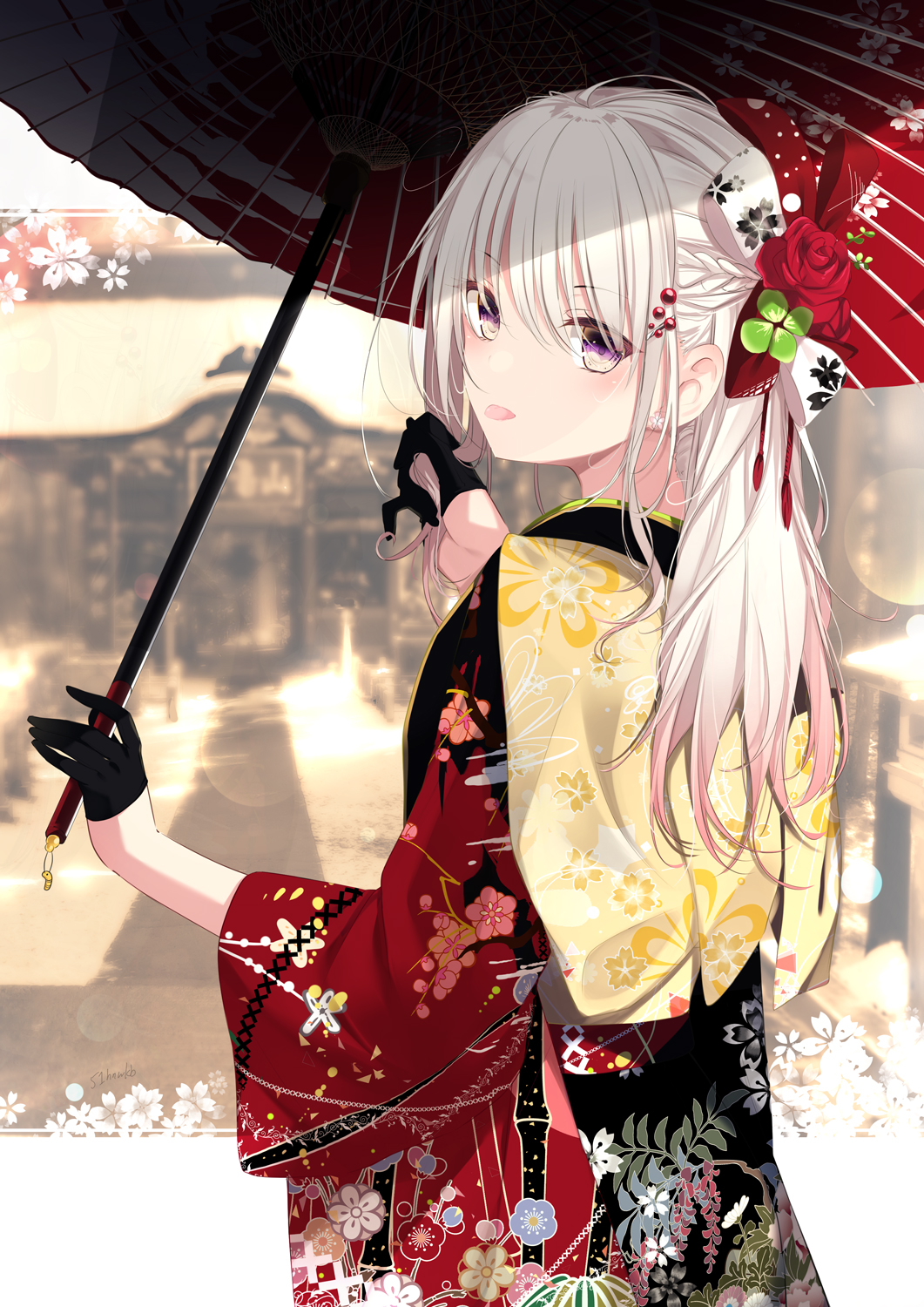1girl bangs black_gloves black_kimono blurry blurry_background braid closed_mouth commentary_request depth_of_field eyebrows_visible_through_hair floral_print flower gloves hair_between_eyes hair_flower hair_ornament half_gloves highres holding holding_umbrella japanese_clothes kimono long_hair long_sleeves looking_at_viewer looking_to_the_side obi oil-paper_umbrella original print_kimono red_flower red_kimono red_rose rose sasahara_wakaba sash solo tongue tongue_out umbrella violet_eyes white_hair wide_sleeves