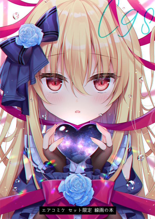 1girl bangs blonde_hair blue_bow blue_dress blue_flower blush bound bow clothing_cutout commentary_request dress droplets eyebrows_visible_through_hair face fishnet_gloves fishnets flower galaxy gloves hair_between_eyes hair_bow hair_flower hair_ornament heart holding long_hair looking_at_viewer original parted_lips red_eyes red_ribbon ribbon shikitani_asuka shoulder_cutout slit_pupils solo star_(sky) translation_request wrist_cuffs