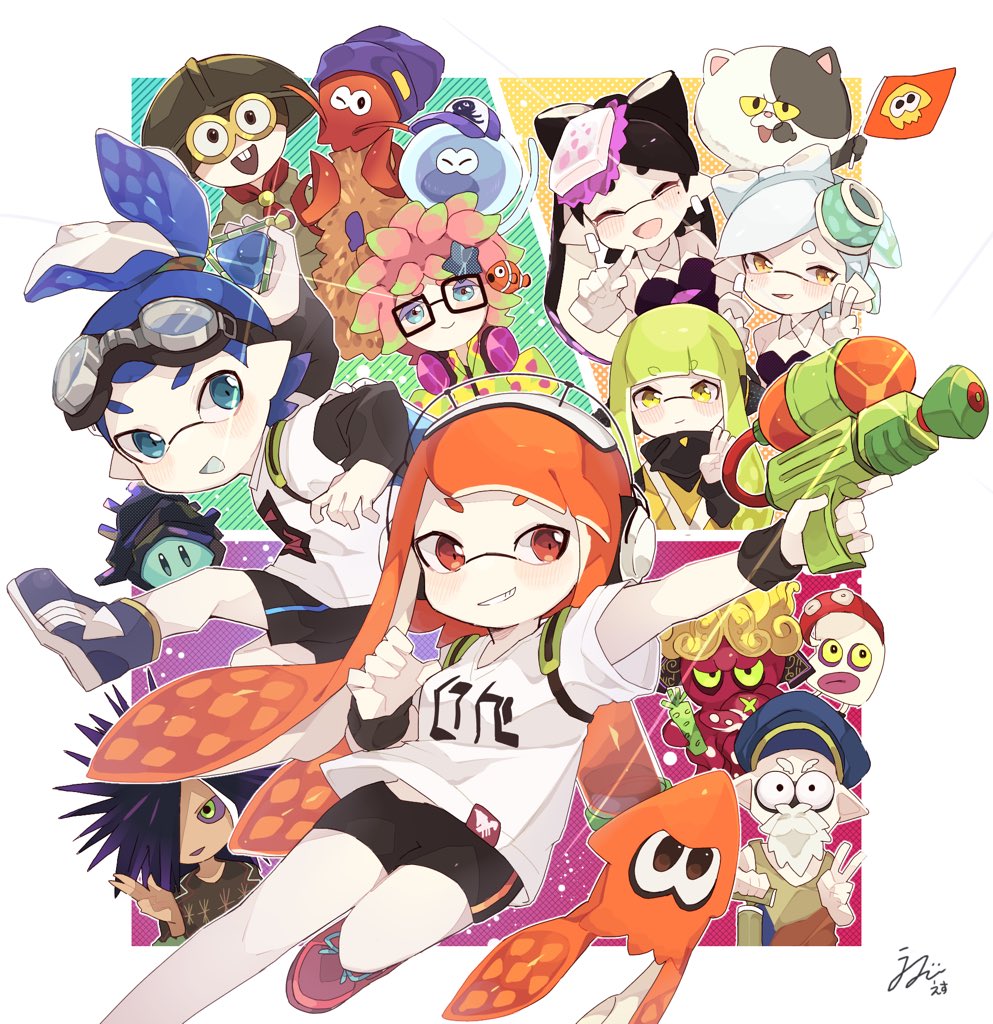 +_+ 5girls 6+boys annie_(splatoon) anniversary artist_name bangs beard bike_shorts black-framed_eyewear black_hair black_jumpsuit black_sclera black_shirt black_shorts blue_eyes blue_footwear blue_hair blue_headwear blunt_bangs callie_(splatoon) cap'n_cuttlefish clownfish collar colored_sclera commentary cousins crusty_sean detached_collar diffraction_spikes dj_octavio domino_mask earrings facial_hair facing_another flag food food_on_head goggles goggles_on_head green_hair grin hair_pulled_back hat headgear holding holding_flag holding_weapon ika_esu ink_tank_(splatoon) inkling jelonzo_(splatoon) jewelry judd_(splatoon) jumping logo long_hair long_sleeves looking_at_viewer marie_(splatoon) mask moe_(splatoon) mole mole_under_eye multiple_boys multiple_girls object_on_head octotrooper orange_eyes orange_hair outside_border peaked_cap pink_hair pointy_ears purple_footwear purple_hair rectangular_eyewear red_eyes scrunchie sheldon_(splatoon) shirt shoes short_hair short_over_long_sleeves short_sleeves shorts signature silver_hair single_vertical_stripe smile smirk sneakers spiky_hair splat_bomb_(splatoon) splatoon_(series) splatoon_1 splattershot_(splatoon) spyke_(splatoon) squid squidbeak_splatoon standing strapless swept_bangs t-shirt tentacle_hair tied_hair topknot v vest waving weapon white_collar white_shirt yellow_eyes yellow_vest