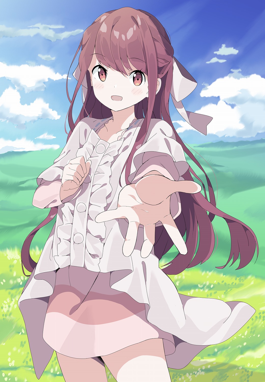 1girl :d blue_sky bow braid brown_eyes brown_hair center_frills clouds commentary day dress english_commentary field frills hair_bow highres long_hair looking_at_viewer open_mouth outdoors outstretched_arm pink_dress rin_(shelter) shelter_(music_video) sky smile solo standing tantan_men_(dragon) very_long_hair white_bow white_dress