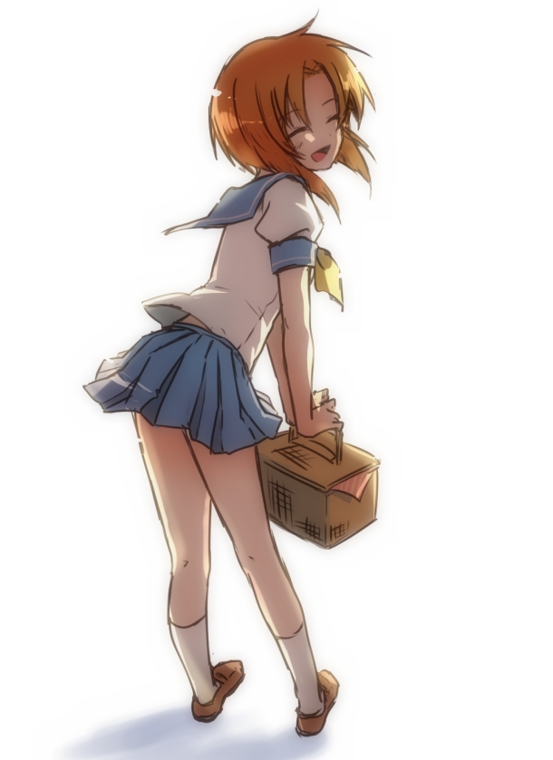 1girl :d ^_^ ^o^ basket blue_sailor_collar blue_skirt brown_footwear closed_eyes full_body higurashi_no_naku_koro_ni holding holding_basket open_mouth orange_hair pleated_skirt puffy_short_sleeves puffy_sleeves ribbon ryuuguu_rena sailor_collar sailor_shirt school_uniform shadow shirt shoes short_sleeves shorts skirt smile socks solo standing white_background white_legwear white_shirt yellow_ribbon yuumare