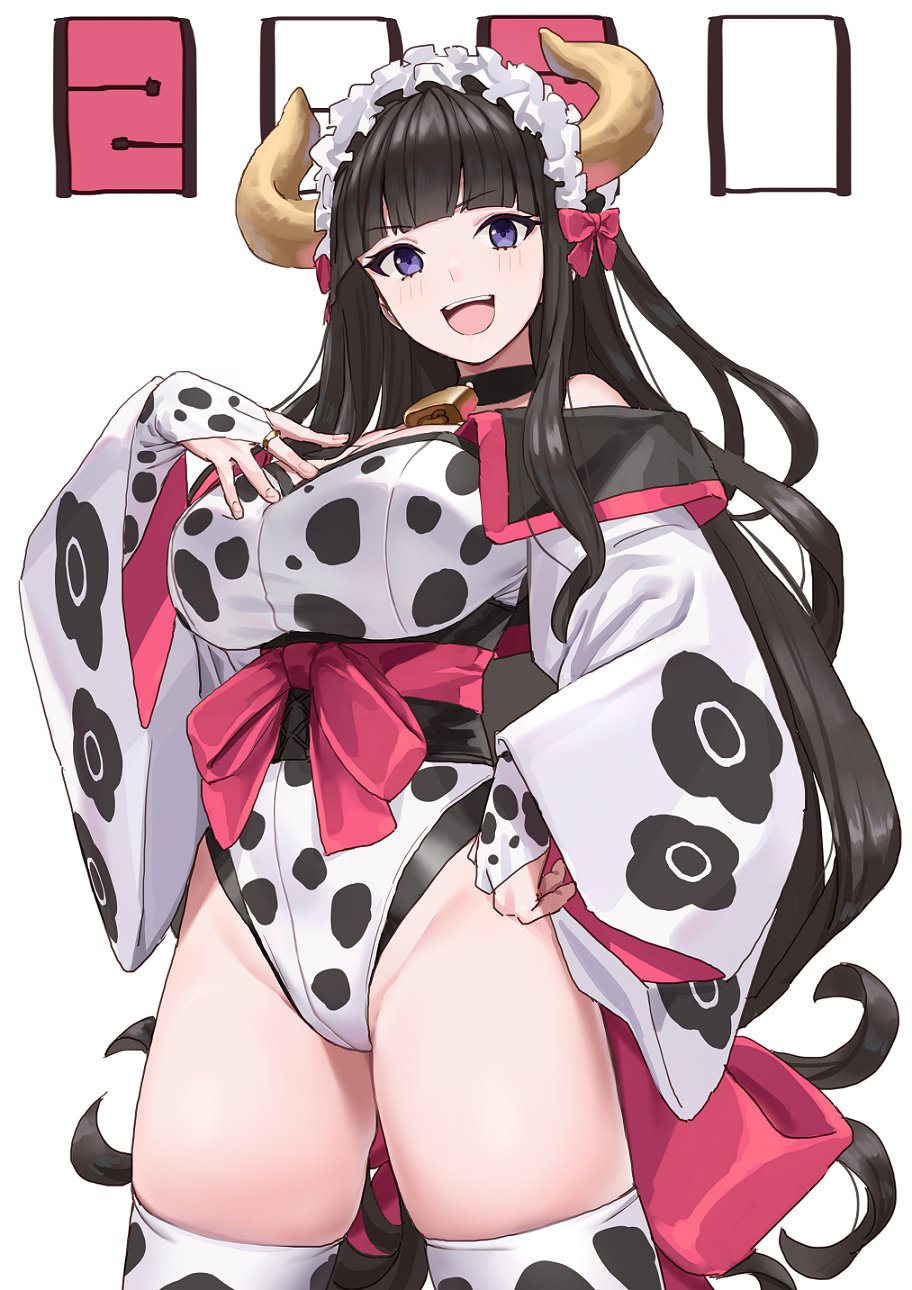 1girl animal_print bangs bell bell_choker black_choker black_hair blunt_bangs bow breasts chinese_zodiac choker corset cow_horns cow_print cowboy_shot error eyebrows_visible_through_hair groin hand_on_hip hand_on_own_chest highres horns large_breasts leotard long_hair looking_at_viewer maid_headdress michitaro_smile open_mouth original pink_bow simple_background smile solo thigh-highs thighs violet_eyes white_background white_legwear wide_sleeves year_of_the_ox
