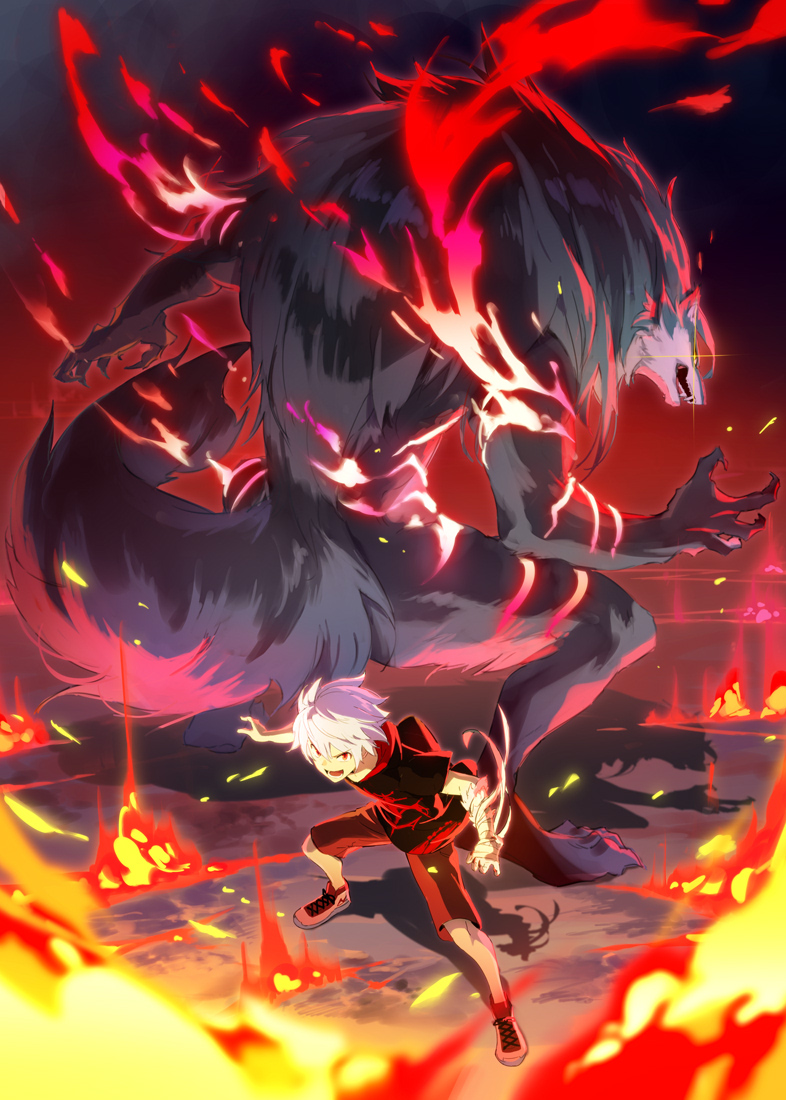 1boy animal animalia bandaged_arm bandages claws diffraction_spikes fire glowing glowing_eye hair_between_eyes lower_teeth male_focus misossu open_mouth oversized_animal pink_fire pose red_eyes red_fire red_shorts shadow shorts smile standing teeth textless tongue torn white_footwear white_hair wolf yellow_eyes