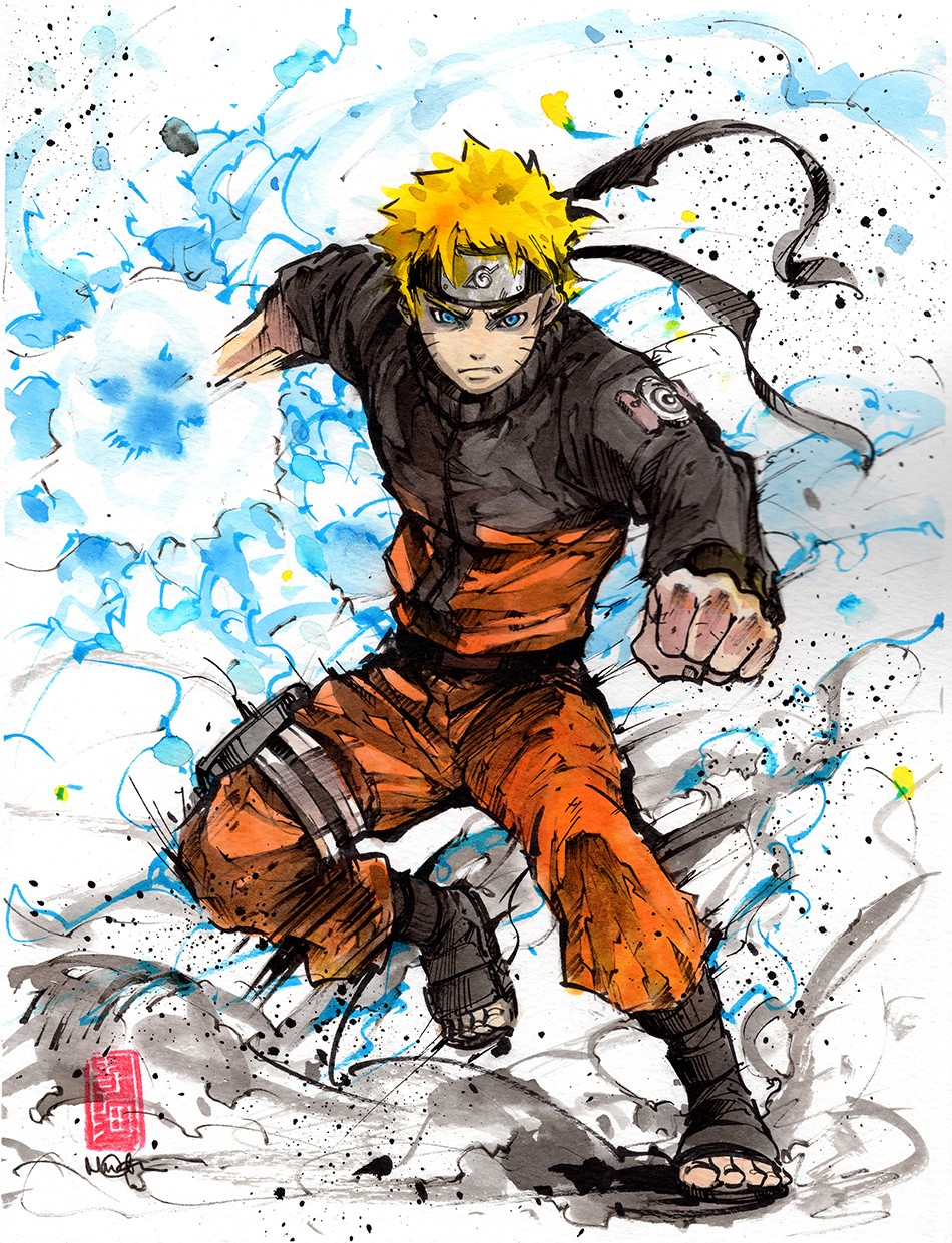 1boy barefoot_sandals blonde_hair blue_eyes clenched_hand headband highres konohagakure_symbol looking_at_viewer male_focus mycks naruto_(series) naruto_shippuuden ninja orange_legwear rasengan thigh_strap track_suit traditional_media uzumaki_naruto v-shaped_eyebrows watercolor_(medium) whiskers