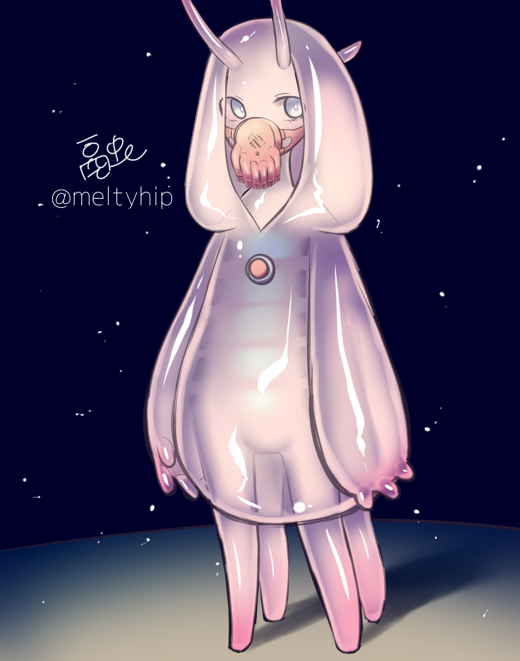 1girl animal_request arms_at_sides blue_background colored_skin extra_legs fewer_digits full_body gas_mask gradient_skin grey_skin highres hood hood_up hoodie horns looking_at_viewer meltyhip monster_girl no_feet original pink_skin twitter_username