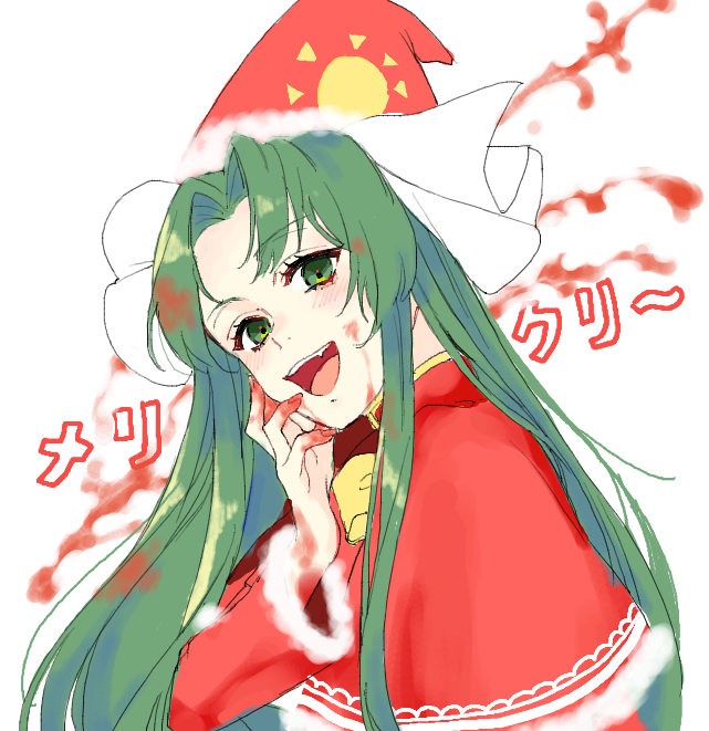 1girl blood bloody_hands blush bow capelet christmas eyebrows_visible_through_hair eyelashes fang green_eyes green_hair hand_on_own_face happy hat jill_07km long_hair long_sleeves looking_at_viewer mima_(touhou) red_shirt shirt simple_background sun_(symbol) tongue touhou touhou_(pc-98) translation_request upper_body upper_teeth very_long_hair white_background white_bow wizard_hat yandere