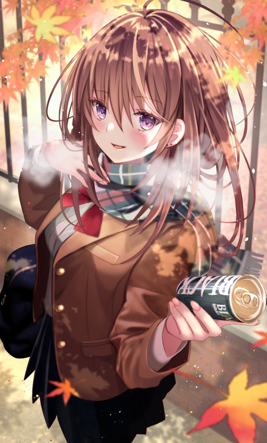 1girl :d ahoge autumn autumn_leaves bag bangs black_skirt blazer blush bow bowtie breath brown_hair can cowboy_shot day earrings eyebrows_visible_through_hair falling_leaves fence hair_between_eyes hand_on_own_chest highres holding holding_can jacket jewelry leaf long_hair long_sleeves looking_at_viewer maple_leaf miniskirt multicolored multicolored_clothes multicolored_scarf nozomi_fuuten open_clothes open_jacket open_mouth original outdoors pleated_skirt pov red_bow red_neckwear scarf school_bag school_uniform skirt smile solo stud_earrings unbuttoned violet_eyes