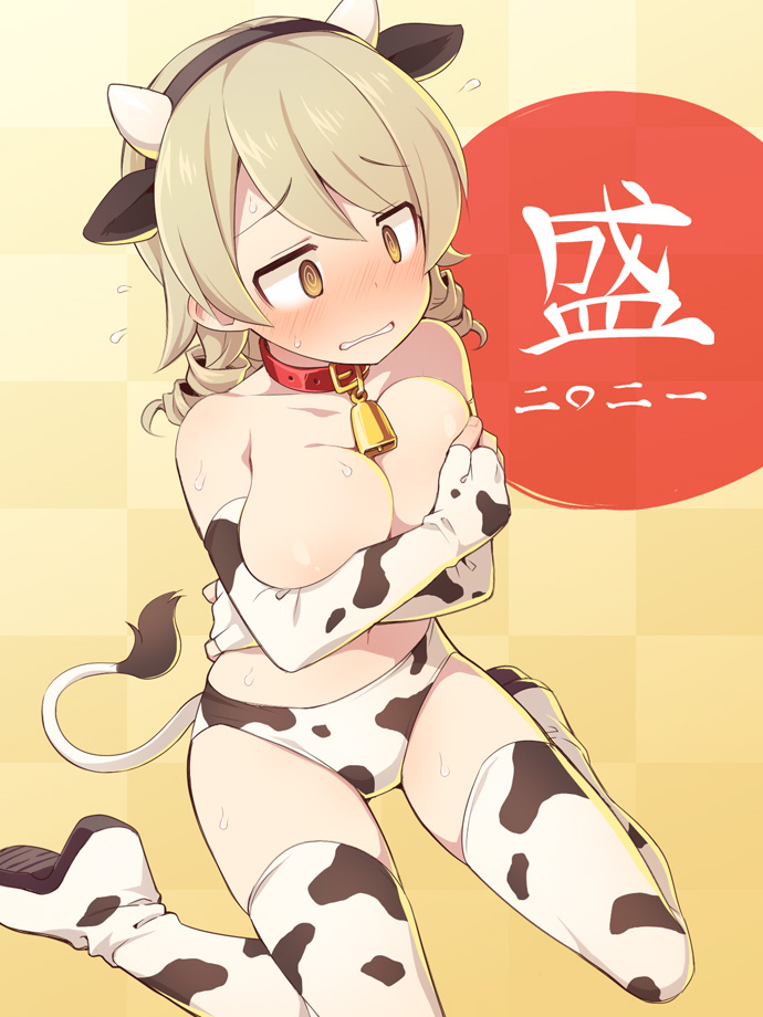 1girl 2021 @_@ alternate_breast_size animal_ears animal_print bangs bell bell_collar bikini blonde_hair blush boots breasts brown_eyes checkered checkered_background chinese_zodiac collar covering covering_breasts cow_ears cow_horns cow_print cow_tail elbow_gloves eyebrows_visible_through_hair fake_animal_ears fake_horns gloves hair_between_eyes horns idolmaster idolmaster_cinderella_girls large_breasts medium_hair morikubo_nono nose_blush print_bikini print_footwear print_gloves print_legwear red_collar ringlets sitting solo sweat swimsuit tail thigh-highs thigh_boots uccow wariza wavy_mouth white_bikini white_footwear white_legwear year_of_the_ox