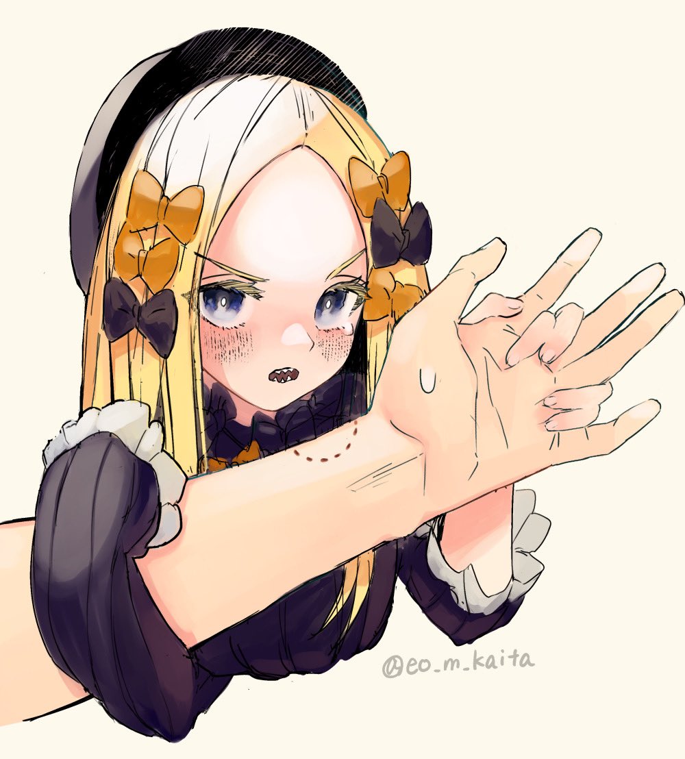 &gt;:q 1girl abigail_williams_(fate/grand_order) bangs bite_mark black_bow black_headwear blonde_hair blue_eyes blush bow eyebrows eyebrows_visible_through_hair eyelashes fate/grand_order fate_(series) fingernails forehead frilled_shirt_collar frilled_sleeves frills hair_bow holding_hands kaita_(mokamilkcup) long_hair multiple_bows multiple_hair_bows orange_bow parted_bangs sharp_teeth sleeves_past_fingers sleeves_past_wrists sweatdrop tearing_up teeth watermark