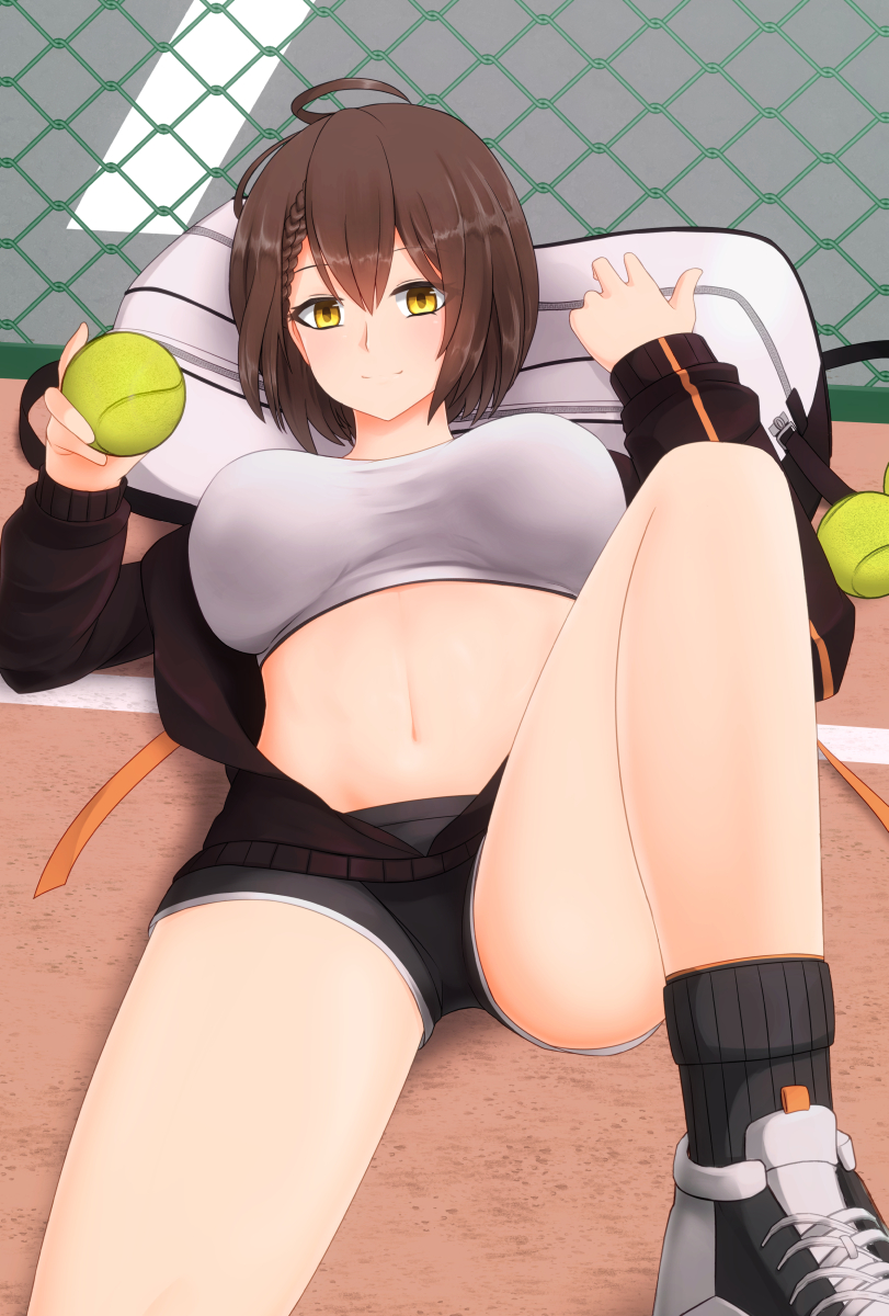 1girl ahoge azur_lane bag ball baltimore_(azur_lane) baltimore_(black_ace)_(azur_lane) bangs black_jacket black_legwear black_shorts blush braid breasts brown_hair chain-link_fence commentary_request eyebrows_visible_through_hair fence french_braid hair_between_eyes highres holding holding_ball jacket knee_up large_breasts long_sleeves looking_at_viewer lying midriff navel on_back open_clothes open_jacket pinesea ribbed_legwear shadow shoes short_hair short_shorts shorts sidelocks smile sneakers socks solo sports_bra taut_clothes tennis_ball tennis_court white_sports_bra yellow_eyes