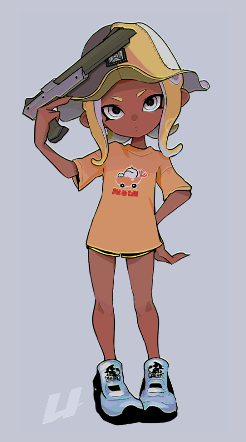 1girl black_shorts blonde_hair blue_footwear closed_mouth commentary dark_skin dolphin_shorts full_body grey_background grey_eyes holding holding_weapon imaikuy0 looking_at_viewer makeup mascara medium_hair n-zap_(splatoon) octoling panties print_shirt shirt shoes short_shorts short_sleeves shorts side-tie_panties sneakers solo splatoon_(series) splatoon_2 standing suction_cups symbol_commentary t-shirt tentacle_hair tulip_hat underwear weapon yellow_headwear