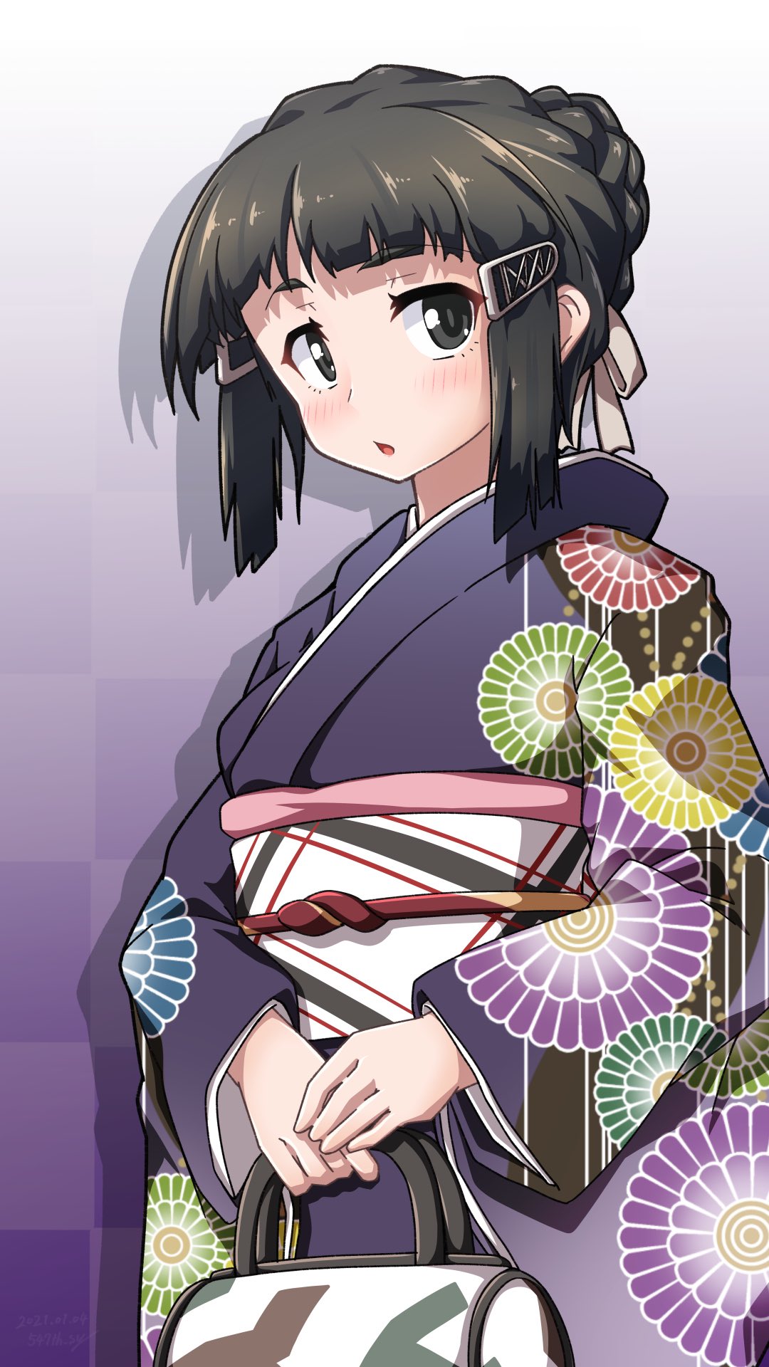 1girl 547th_sy bag braid braided_bun breasts brown_eyes brown_hair floral_print gradient gradient_background hair_bun hair_ornament highres japanese_clothes kantai_collection kimono long_hair long_sleeves looking_at_viewer medium_breasts myoukou_(kantai_collection) new_year obi open_mouth purple_background purple_kimono sash solo wide_sleeves