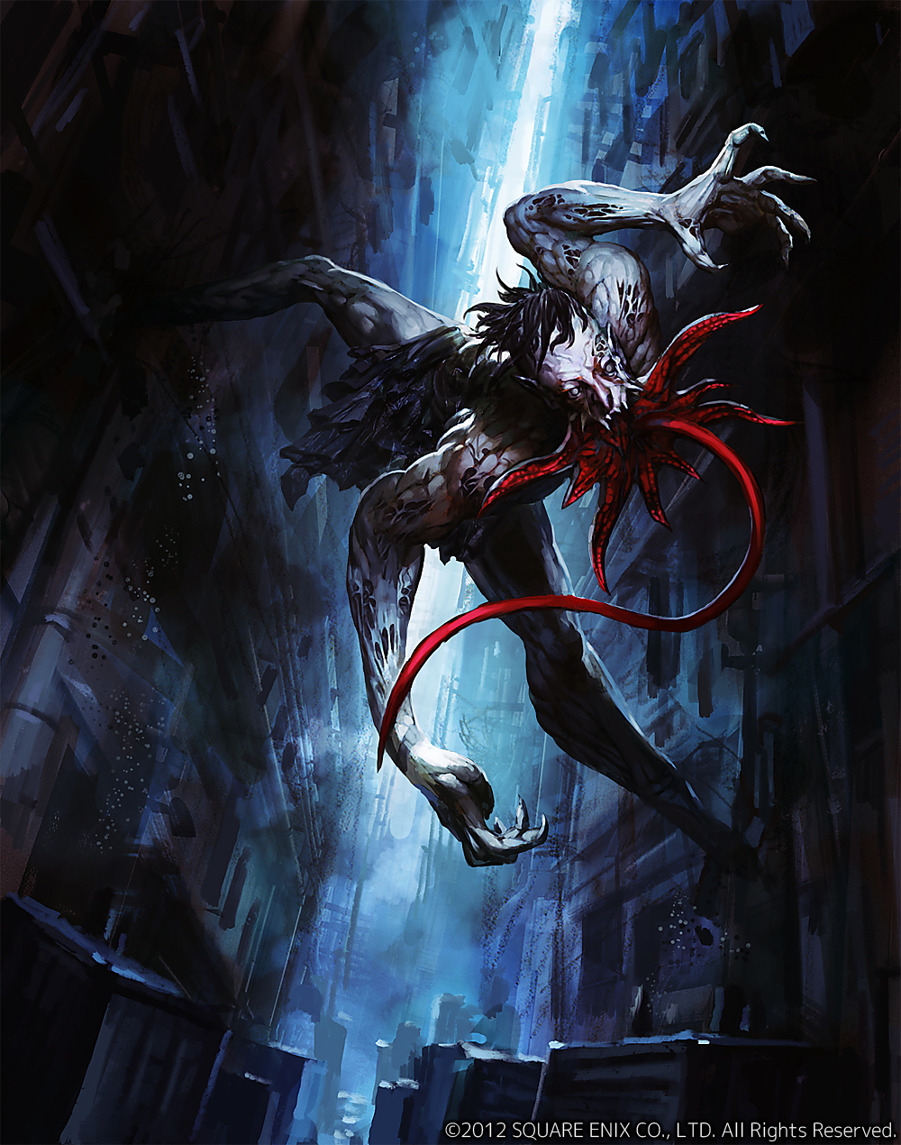 1boy alley bare_shoulders black_hair blood blood_on_face claws colored_skin dannoura_yuuki deadman's_cross fingernails grey_eyes grey_skin highres long_tongue male_focus monster official_art open_mouth outdoors pointy_ears sharp_fingernails sharp_teeth solo teeth tongue tongue_out veins zombie