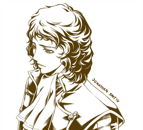 1boy cropped_arms cropped_torso curly_hair handkerchief jonathan_(smt) male_focus monochrome raykit scarf shin_megami_tensei shin_megami_tensei_iv simple_background white_background