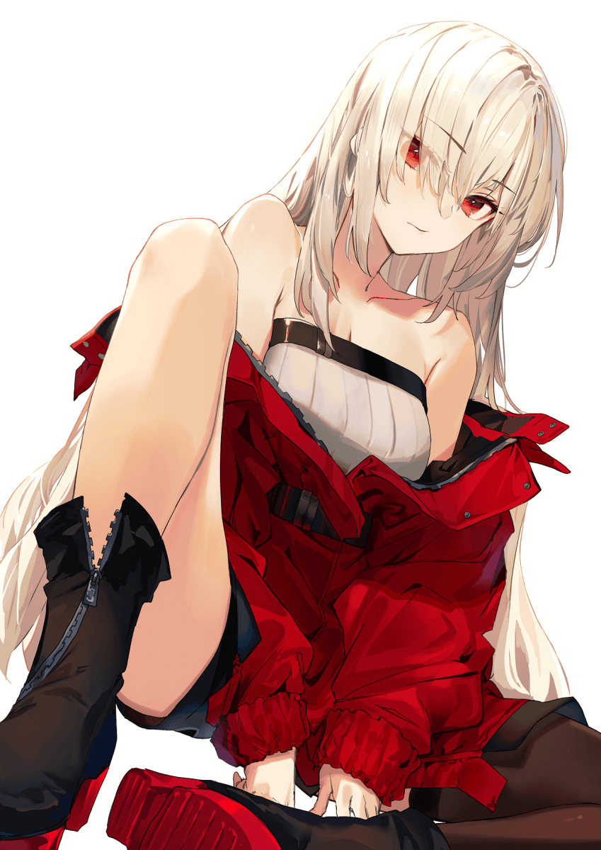 asymmetrical_legwear bare_shoulders boots closed_mouth collarbone eyebrows eyebrows_visible_through_hair eyelashes haruato highres jacket long_hair red_eyes red_jacket shirt shorts source_request strapless thigh-highs white_background white_hair white_shirt zipper