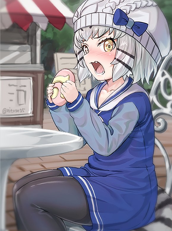 1girl alternate_costume beanie black_legwear blue_bow blush bow cat_tail day eating fang food grey_hair hat hat_bow japari_bun kemono_friends long_sleeves looking_at_viewer nyifu open_mouth outdoors pallas's_cat_(kemono_friends) pantyhose school_uniform short_hair sitting solo striped_tail table tail teeth twitter_username yellow_eyes