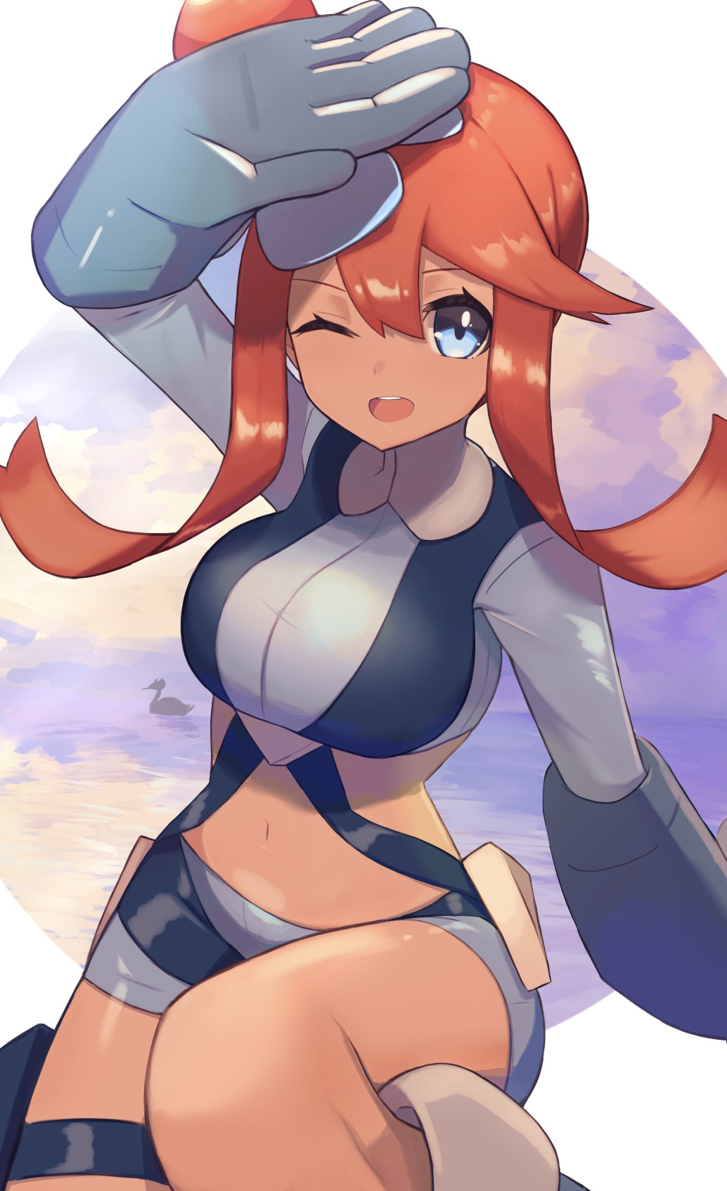 1girl arm_up bangs blue_eyes blue_gloves boots commentary cropped_jacket eyelashes floating_hair gen_5_pokemon gloves gym_leader hair_ornament highres jacket looking_at_viewer midriff nuneno one_side_up open_mouth orange_hair pokemon pokemon_(creature) pokemon_(game) pokemon_bw shiny shiny_hair short_hair_with_long_locks short_shorts shorts sidelocks skyla_(pokemon) swanna thigh_pouch tongue turtleneck upper_teeth