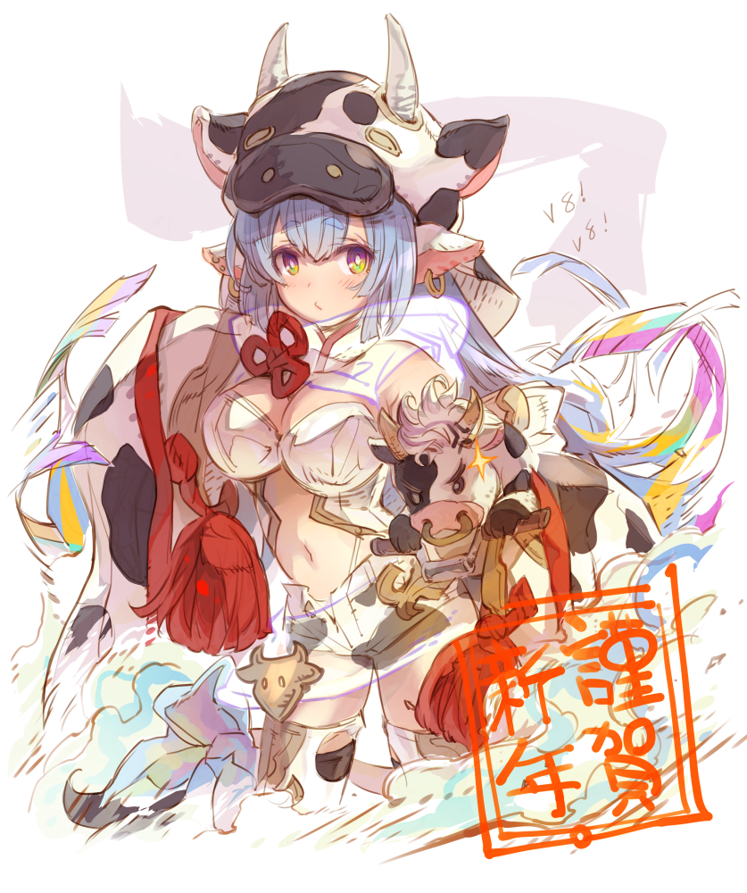 1girl animal_ears animal_print bangs blush breasts cow_ears cow_girl cow_hat cow_horns cow_print draph ear_piercing granblue_fantasy haku_(sabosoda) horns large_breasts long_hair long_sleeves looking_at_viewer micro_shorts open_mouth piercing shatola_(granblue_fantasy) sheer_clothes shorts white_shorts