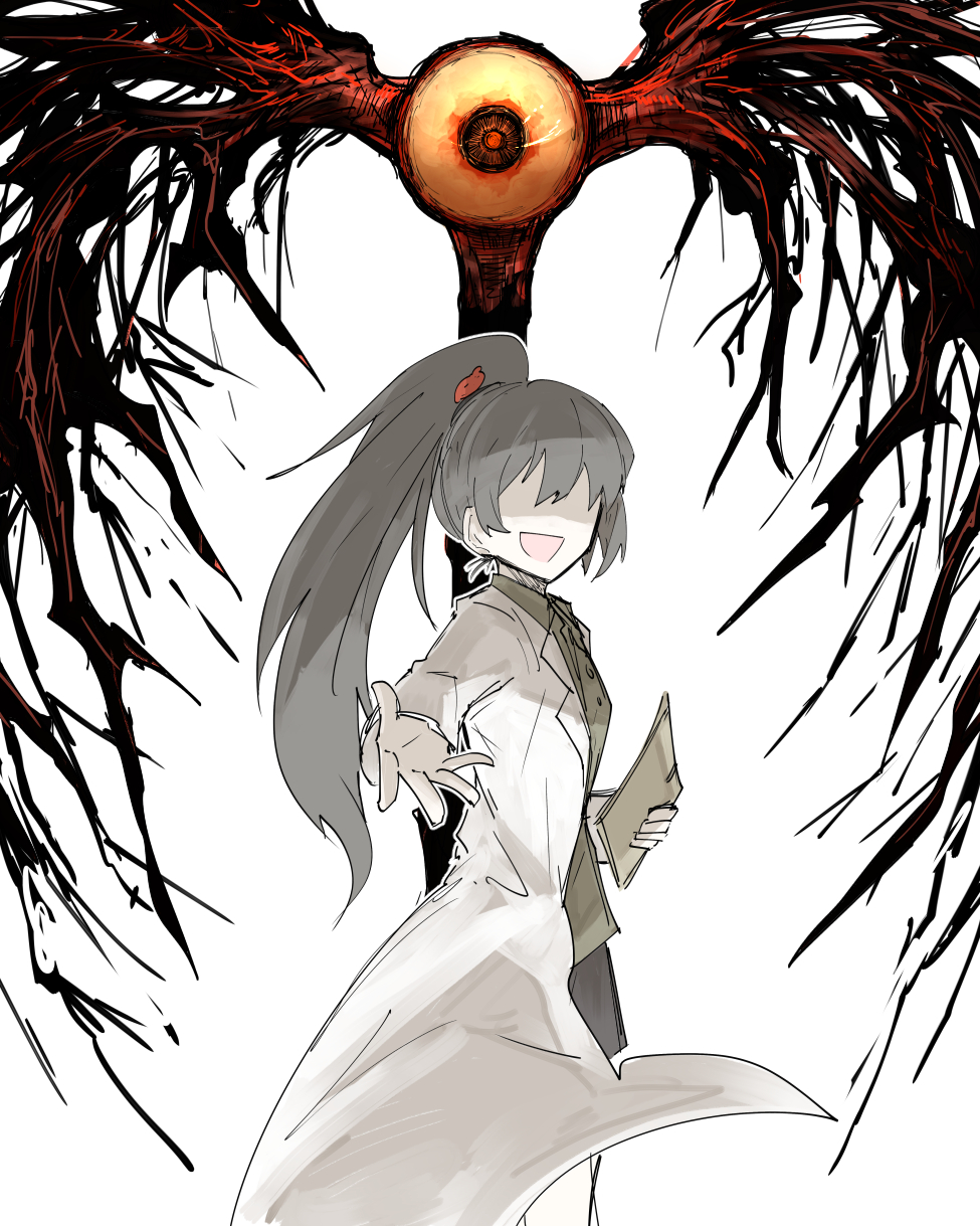 1girl buttons carmen_(lobotomy_corporation) coat collared_shirt commentary_request eyeball facing_viewer from_side green_shirt grey_hair highres holding holding_paper kan_(aaaaari35) labcoat lobotomy_corporation long_coat long_hair long_sleeves looking_at_viewer monster no_eyes open_clothes open_coat open_mouth outstretched_hand paper ponytail shaded_face shirt simple_background solo white_background white_coat