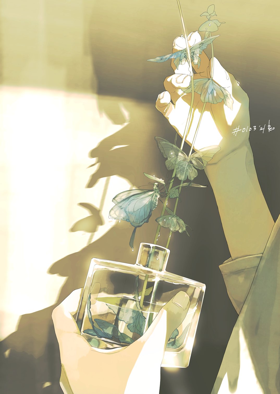 1other ambiguous_gender artist_name blue_butterfly bug butterfly commentary_request dated glass hand_up hands highres holding insect jpeg_artifacts light long_sleeves muted_color original plant rido_(ridograph) shadow shirt signature water white_shirt