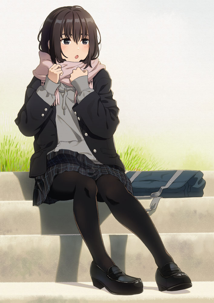 1girl :o bag black_eyes black_hair black_legwear hood hoodie jacket loafers mattaku_mousuke original pantyhose plaid plaid_skirt pleated_skirt scarf school_bag school_uniform shoes sitting skirt solo stairs