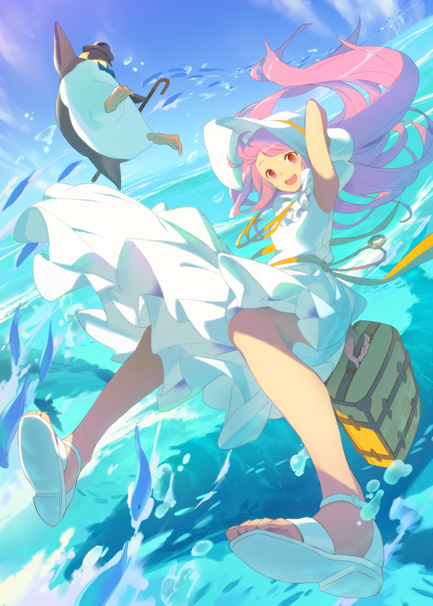 1girl animal arm_up bird black_headwear blue_bow blue_neckwear blue_sky bow bowtie bubble cane clouds dress fish hand_on_headwear hat highres holding holding_cane long_hair misossu open_mouth original outdoors penguin pink_eyes pink_hair ribbon sky smile toenails tongue upper_teeth water white_dress white_footwear white_headwear yellow_neckwear yellow_ribbon