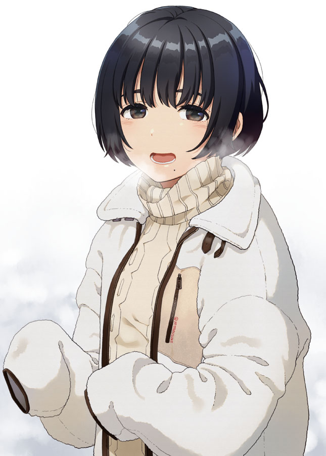 1girl :d black_eyes black_hair breath jacket mattaku_mousuke mole mole_under_mouth open_mouth original short_hair sleeves_past_fingers sleeves_past_wrists smile solo turtleneck upper_body