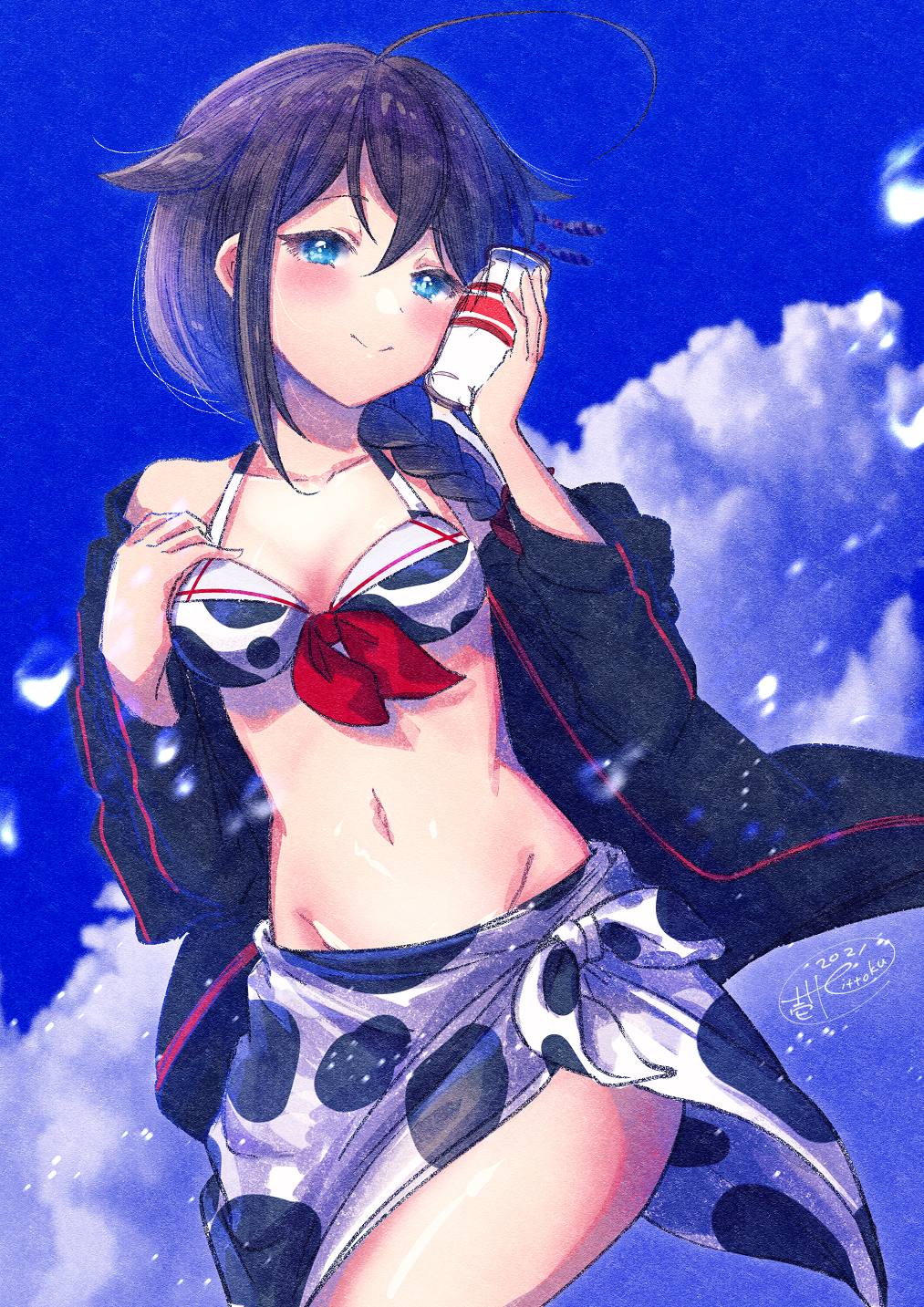 1girl adapted_costume ahoge bikini black_bikini black_jacket black_sarong blue_eyes blush braid breasts brown_hair clouds cloudy_sky collarbone day groin hair_flaps highres holding ittokyu jacket kantai_collection long_hair long_sleeves medium_breasts navel remodel_(kantai_collection) sarong shigure_(kantai_collection) signature single_braid sky smile solo swimsuit