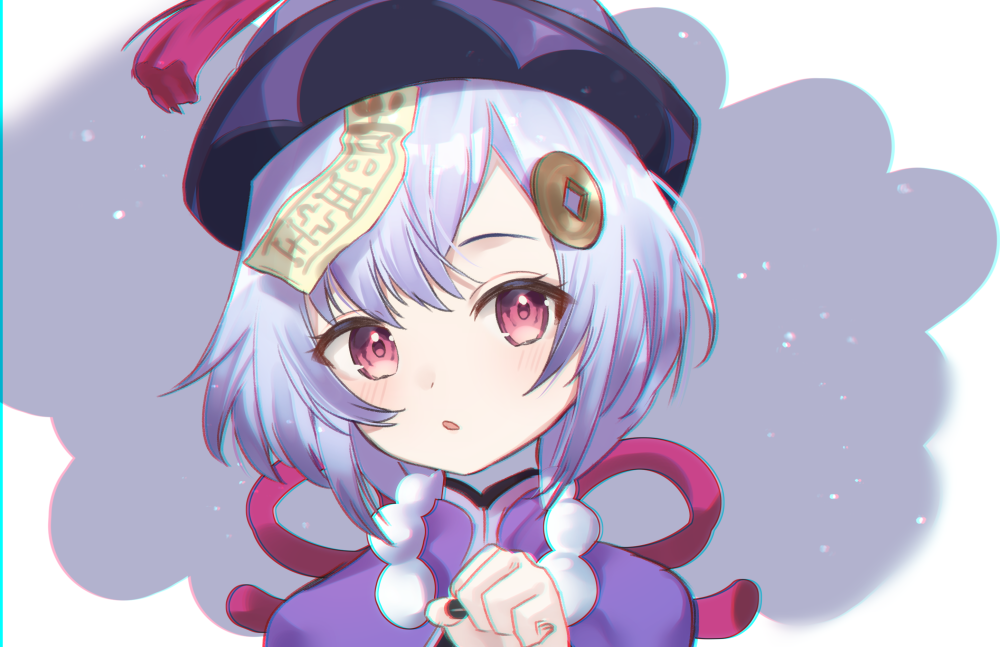 1girl bangs black_nails blush commentary_request genshin_impact hair_between_eyes hair_ornament hand_up hat jacket looking_at_viewer nail_polish ofuda parted_lips portrait purple_hair purple_headwear purple_jacket qing_guanmao qiqi red_eyes rotmico solo white_background