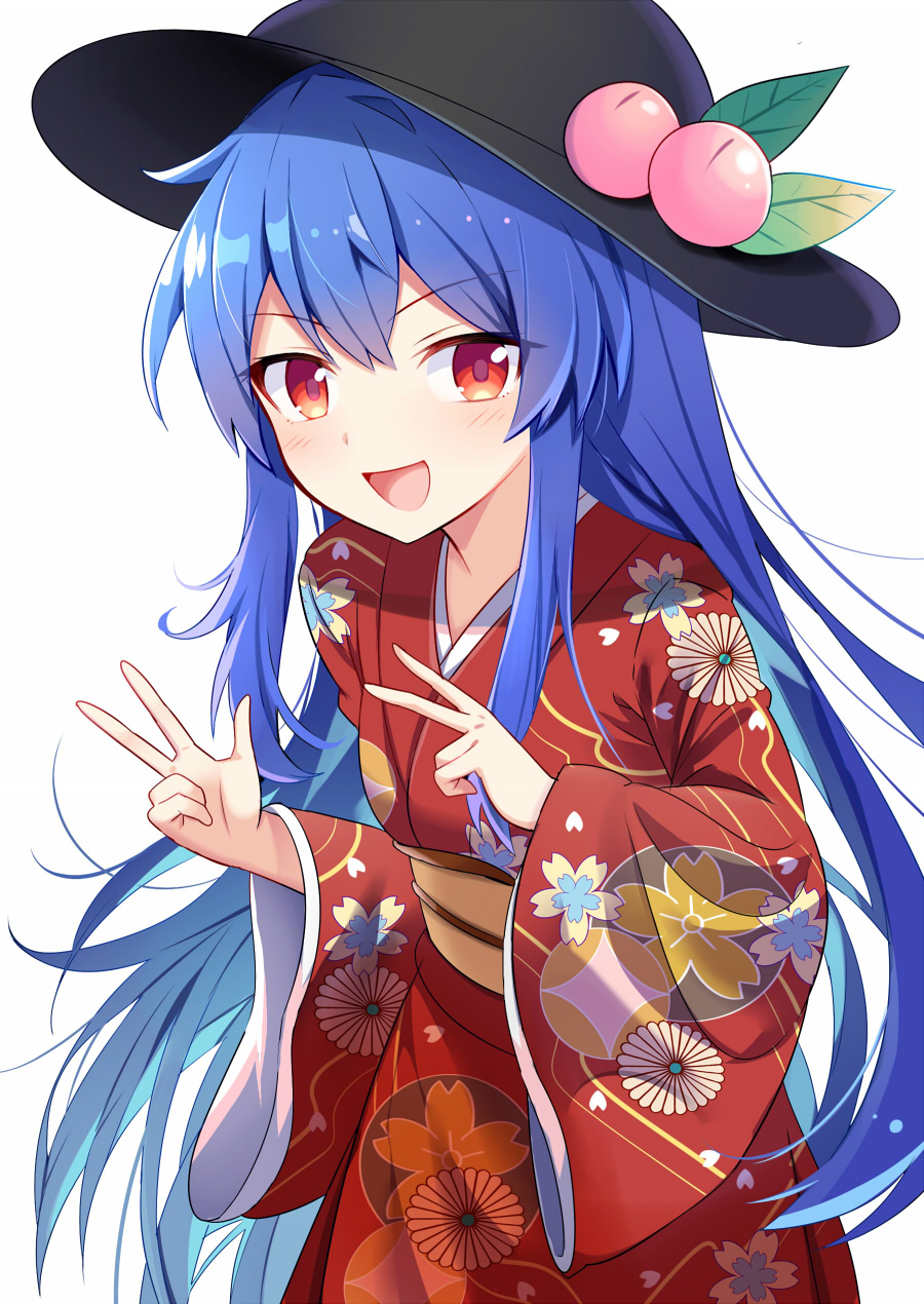 1girl alternate_costume bangs black_headwear blue_hair collarbone cowboy_shot double_v e.o. eyebrows_visible_through_hair floral_print food fruit hair_between_eyes highres hinanawi_tenshi japanese_clothes kimono leaf long_hair long_sleeves looking_at_viewer open_mouth peach red_eyes red_kimono simple_background smile standing touhou v v-shaped_eyebrows white_background wide_sleeves