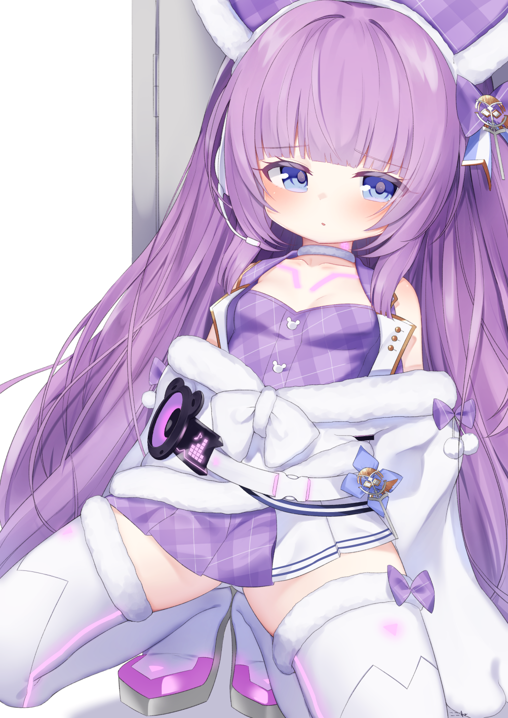 1girl azur_lane bangs bare_shoulders blue_eyes boots breasts commentary_request dress eyebrows_visible_through_hair fur-trimmed_jacket fur-trimmed_legwear fur_trim highres jacket kokone_(coconeeeco) long_sleeves looking_at_viewer off_shoulder parted_lips plaid plaid_dress purple_dress purple_hair small_breasts solo spread_legs squatting tashkent_(azur_lane) tashkent_(muse)_(azur_lane) thigh-highs thigh_boots white_background white_footwear white_jacket white_legwear