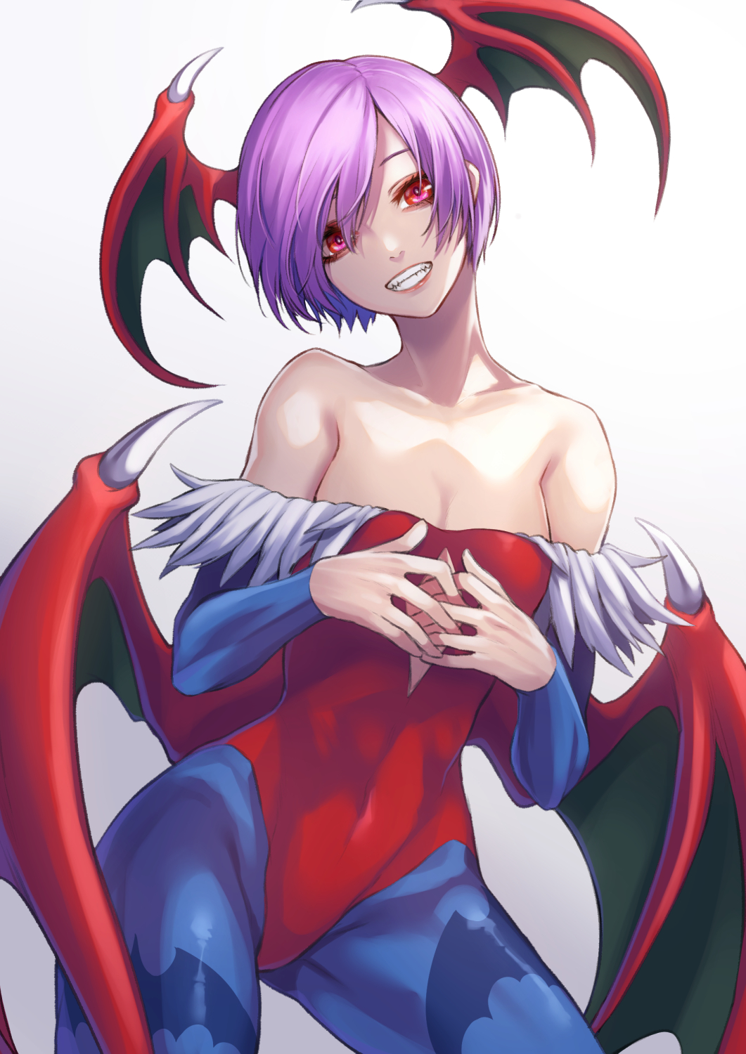 animal_print bare_shoulders bat_print bat_wings cleavage_cutout clothing_cutout covered_navel demon_girl elbow_gloves fingers_together flat_chest fur_trim gloves grin hair_between_eyes head_tilt head_wings highleg highleg_leotard highres leotard lilith_aensland looking_at_viewer open_mouth print_legwear purple_hair re_(re_09) red_eyes red_leotard short_hair simple_background smile succubus vampire_(game) white_background wings