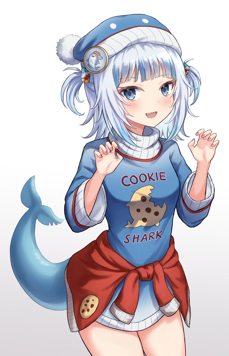1girl bangs bloop_(gawr_gura) blue_eyes blue_hair clothes_around_waist cookie eyebrows_visible_through_hair fish_tail food gawr_gura hat highres hololive hololive_english hood looking_at_viewer medium_hair multicolored_hair open_mouth oridays santa_hat shark_girl shark_tail sharp_teeth silver_hair streaked_hair sweater sweater_around_waist tail teeth thighs turtleneck two_side_up virtual_youtuber