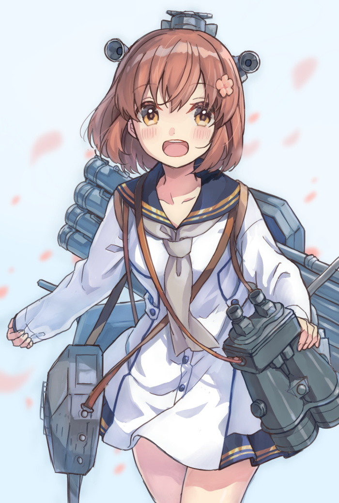 1girl binoculars black_sailor_collar brown_eyes brown_hair cherry_blossoms commentary_request cowboy_shot dress flower grey_neckwear hair_flower hair_ornament headset kantai_collection mitsuyo_(mituyo324) open_mouth remodel_(kantai_collection) round_teeth sailor_collar sailor_dress short_hair smile solo speaking_tube_headset teeth torpedo_launcher turret upper_teeth yukikaze_(kantai_collection)