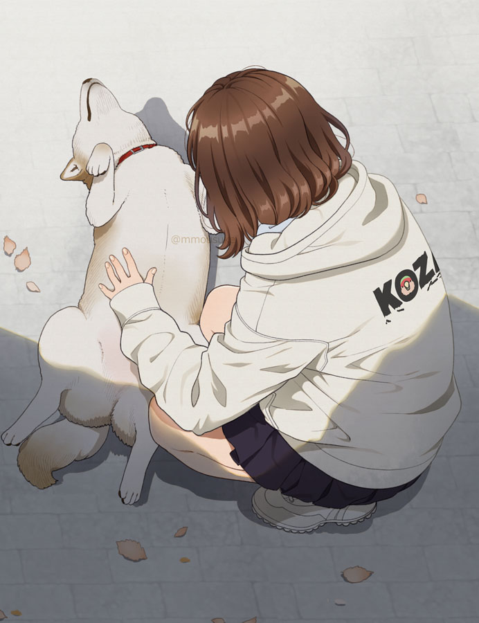 1girl animal animal_collar belly_rub brown_hair collar dog facing_away hood hoodie lying mattaku_mousuke on_back original outdoors short_hair sleeves_past_wrists squatting watermark