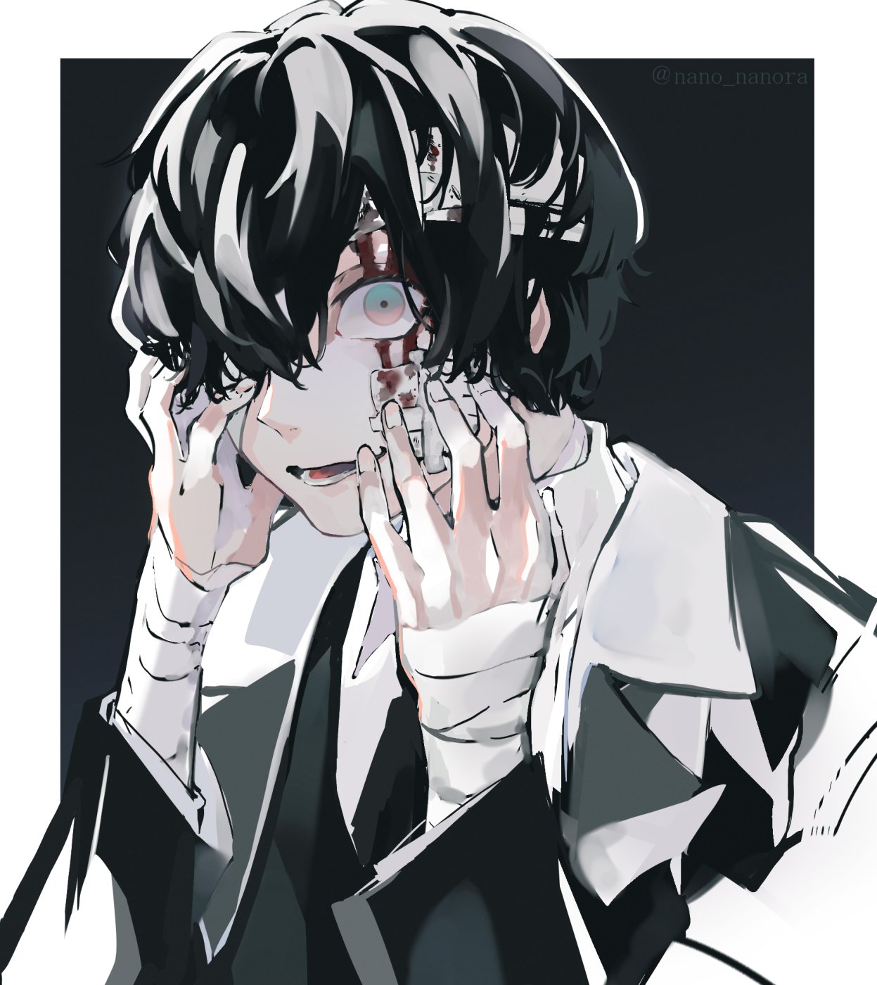 1boy bandaged_hands bandaged_head bandages bandaid bandaid_on_cheek bandaid_on_face black_hair bleeding blood blood_on_face blue_eyes fingernails hair_over_one_eye hand_on_own_face highres lower_teeth male_focus nanora_(sero4) open_mouth original solo teeth tongue upper_body