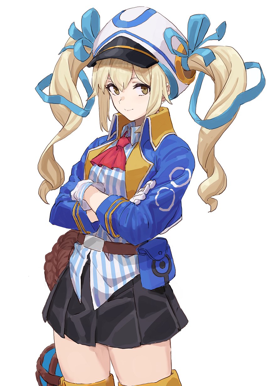 1girl ascot belt belt_pouch black_skirt blonde_hair blue_jacket blue_ribbon blue_shirt breasts brown_belt cabbie_hat closed_mouth collared_shirt cowboy_shot crossed_arms gloves hair_ribbon hat highres jacket long_hair looking_at_viewer megido72 michitaro_smile miniskirt open_clothes open_jacket pleated_skirt pouch red_neckwear ribbon shirt simple_background skirt small_breasts smile solo striped striped_shirt thighs twintails two-tone_shirt vepar_(megido72) vertical-striped_shirt vertical_stripes white_background white_gloves white_headwear white_shirt wing_collar yellow_eyes