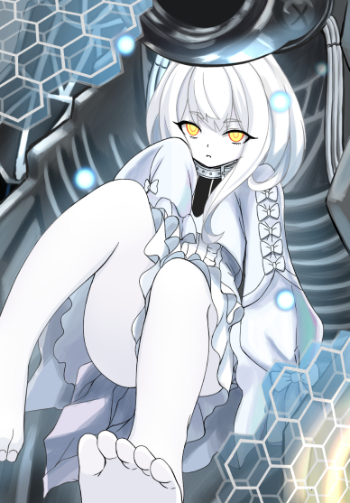 1girl alice360 azur_lane bangs bare_legs barefoot colored_skin commentary_request compiler_(azur_lane) dress eyebrows_visible_through_hair feet frilled_dress frills glowing glowing_eyes long_sleeves medium_hair pale_skin puffy_long_sleeves puffy_sleeves sidelocks siren_(azur_lane) sleeves_past_fingers sleeves_past_wrists solo toes very_long_sleeves white_dress white_hair white_skin yellow_eyes