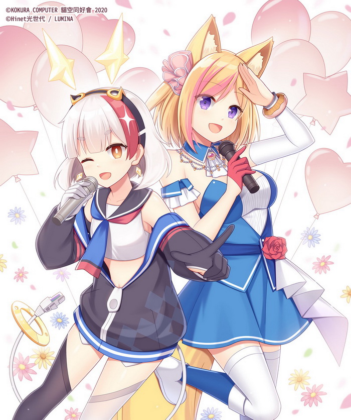 2girls :d ;d animal_ear_fluff animal_ears arm_up balloon bangs bare_shoulders black_gloves black_hairband black_jacket black_legwear black_sailor_collar blonde_hair blue_collar blue_skirt boots breasts brown_eyes chunghwa_telecom collar commentary_request copyright_request crop_top crossover detached_collar detached_sleeves earrings eyebrows_visible_through_hair floral_background gloves hairband half_gloves hitsuki_rei holding holding_microphone jacket jewelry long_sleeves lumina_(chunghwa_telecom) medium_breasts microphone mismatched_gloves multicolored_hair multiple_girls navel one_eye_closed open_clothes open_jacket open_mouth pink_hair puffy_long_sleeves puffy_sleeves red_gloves redhead sailor_collar shirt short_eyebrows single_detached_sleeve single_glove skirt sleeveless sleeveless_shirt smile star_(symbol) strapless streaked_hair tail thick_eyebrows thigh-highs violet_eyes virtual_youtuber white_background white_footwear white_gloves white_hair white_legwear white_shirt white_sleeves wing_collar