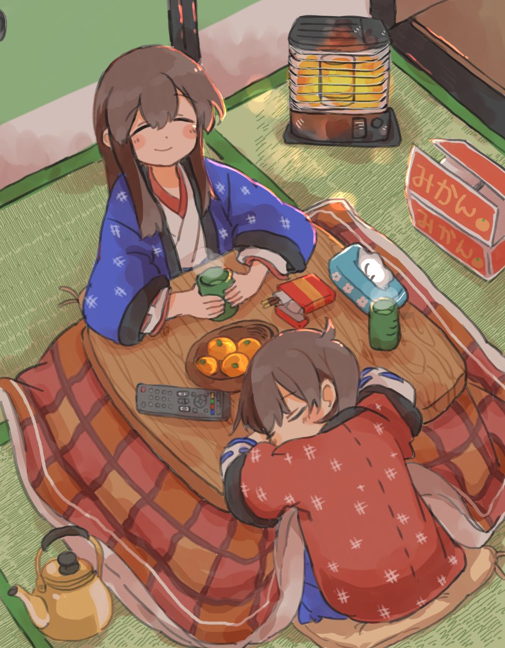 2girls akagi_(kantai_collection) blue_hakama box brown_hair closed_eyes controller cup cushion food from_above fruit hakama hakama_skirt heater highres ina_(1813576) japanese_clothes kaga_(kantai_collection) kantai_collection kettle kimono kotatsu long_hair mandarin_orange mikan_box multiple_girls remote_control side_ponytail sleeping table tatami tissue_box yunomi zabuton