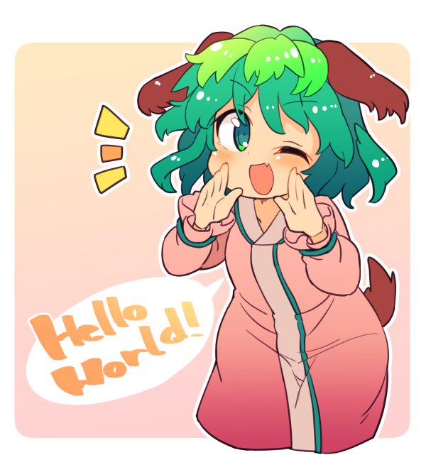 1girl animal_ears blush commentary cowboy_shot dress english_text fang green_eyes green_hair hands_up ini_(inunabe00) kasodani_kyouko leaning_forward long_sleeves looking_at_viewer one_eye_closed open_mouth pink_background pink_dress short_hair skin_fang smile solo tail touhou