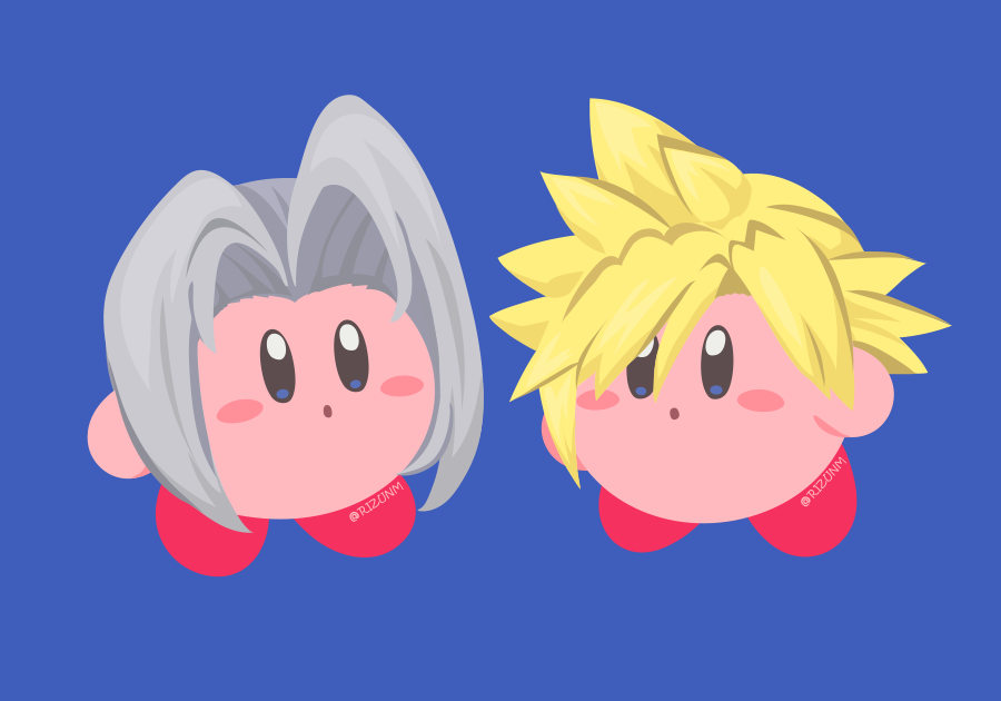 :o bangs blonde_hair blue_background blue_eyes blush_stickers cloud_strife cloud_strife_(cosplay) copy_ability cosplay final_fantasy final_fantasy_vii grey_hair hair_between_eyes kirby kirby_(series) long_hair looking_at_another no_humans red_footwear rizu_(rizunm) sephiroth sephiroth_(cosplay) shoes short_hair simple_background spiky_hair standing super_smash_bros. twitter_username