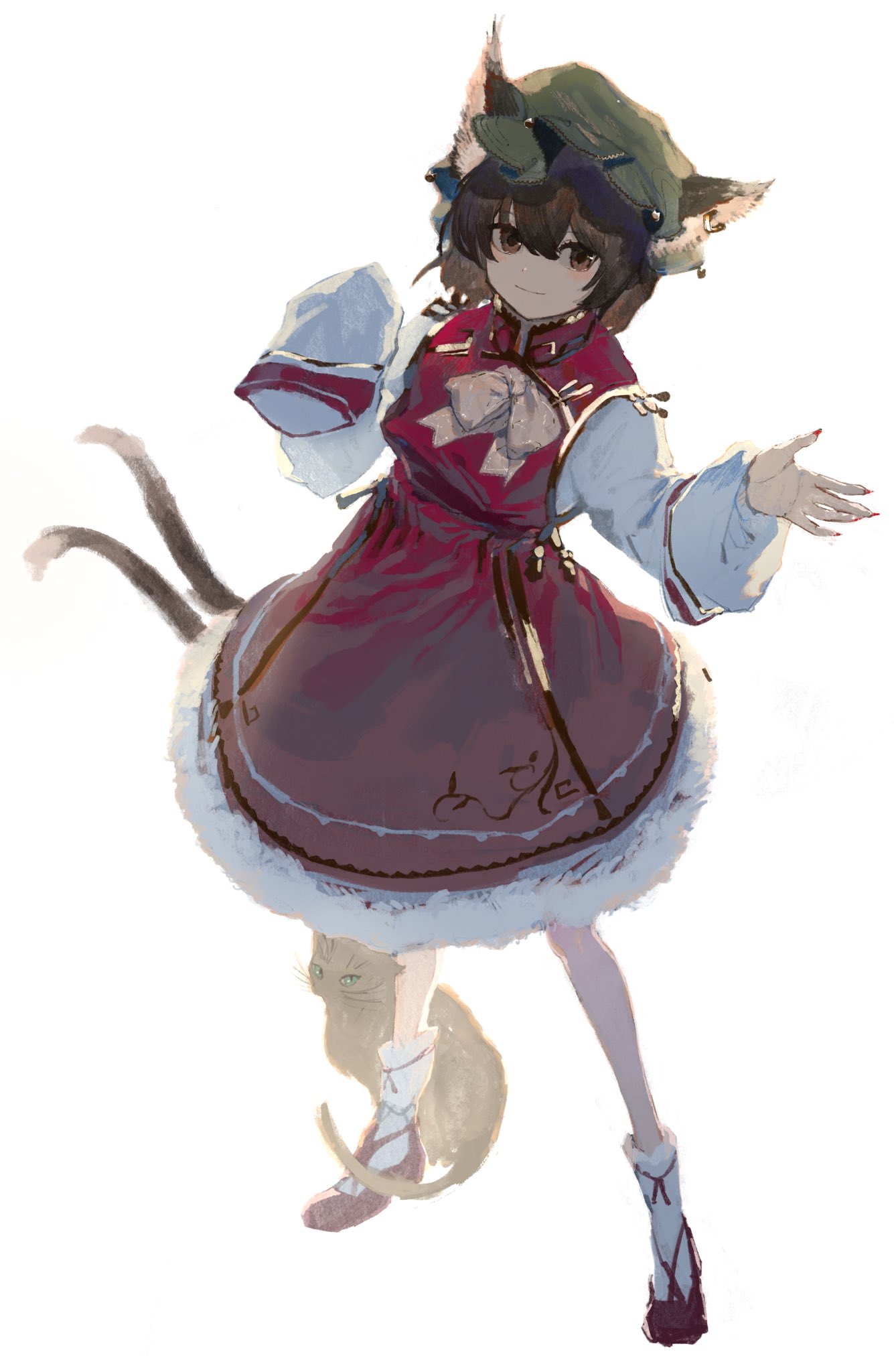 1girl animal animal_ears bangs blush bow bowtie brown_eyes brown_hair cat cat_ears cat_tail chen chinese_clothes closed_mouth dress eyebrows_behind_hair fingernails full_body fur_trim gold_trim green_headwear hair_between_eyes hat highres jewelry kusariuta long_fingernails looking_at_viewer mob_cap multiple_tails nekomata red_dress red_footwear red_nails sharp_fingernails short_hair simple_background single_earring sleeves_past_fingers sleeves_past_wrists smile solo standing tail touhou two_tails white_background white_legwear yellow_neckwear