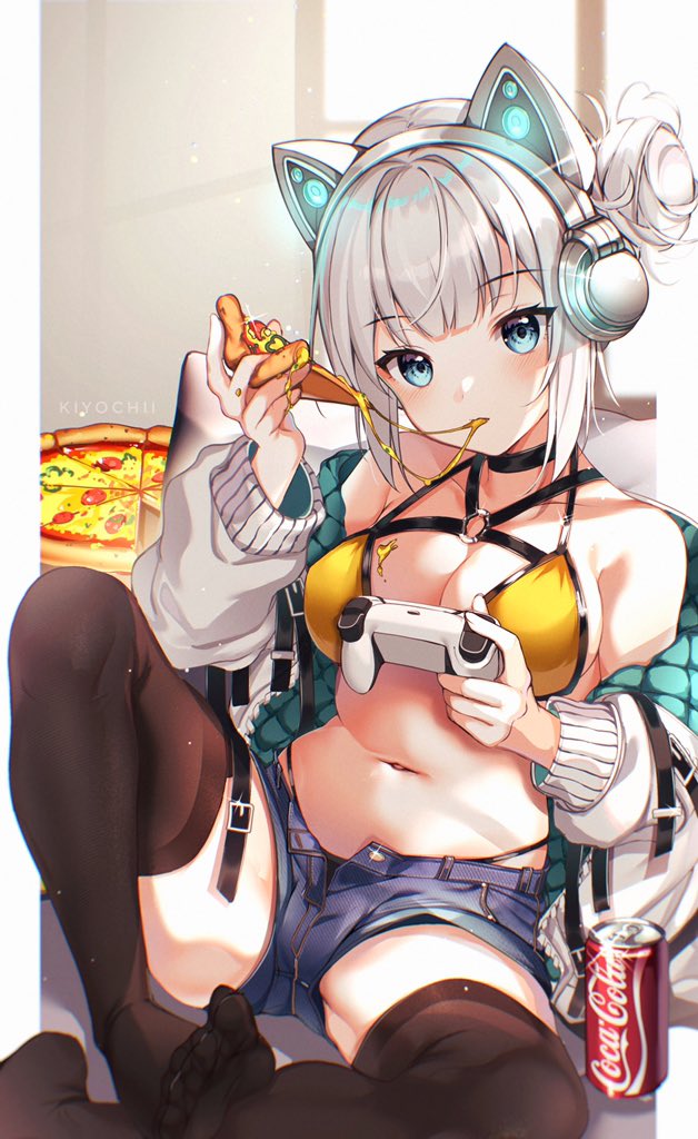 1girl artist_name bangs belt blue_eyes blue_shorts blunt_bangs breasts brown_legwear can cat_ear_headphones coca-cola collarbone commentary controller eating eyebrows_visible_through_hair food game_controller hair_bun headphones holding holding_controller holding_food holding_game_controller holding_pizza kiyochii long_hair looking_at_viewer medium_breasts navel original pizza short_hair shorts silver_hair sitting solo symbol_commentary thigh-highs thighs