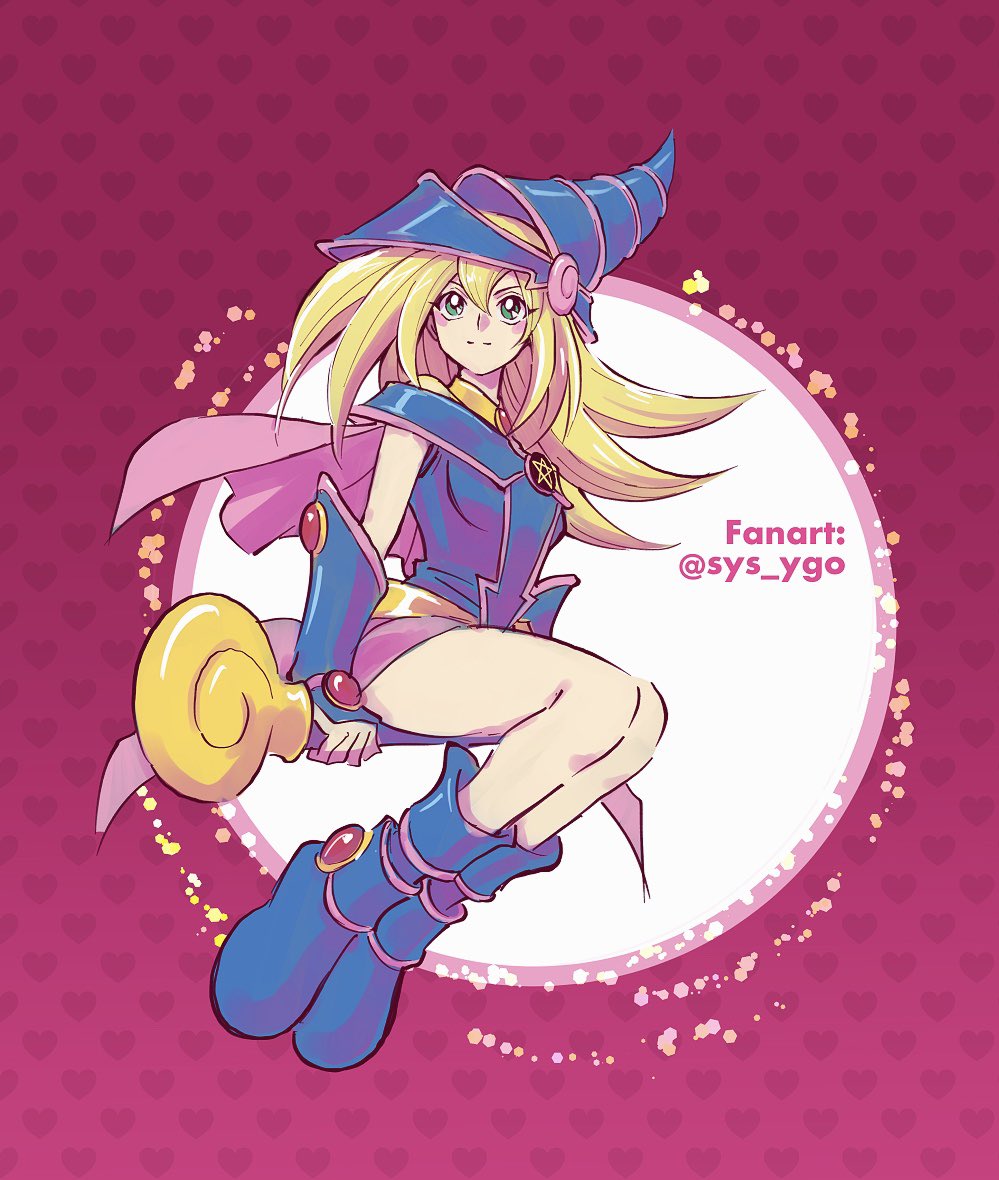 1girl artist_name bangs blonde_hair blue_footwear blush_stickers boots closed_mouth commentary dark_magician_girl duel_monster eyelashes green_eyes hat heart legs_together long_hair looking_to_the_side pentacle sitting solo soya_(sys_ygo) staff wizard_hat yu-gi-oh!