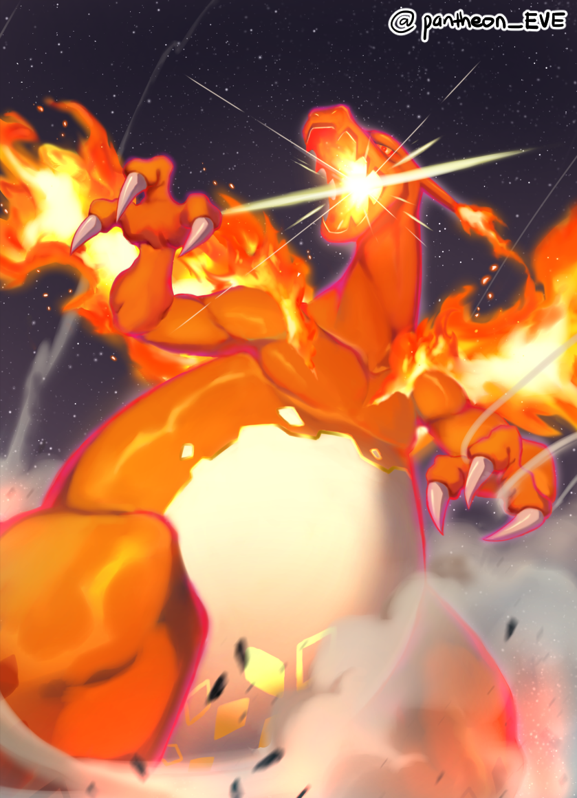 artist_name breathing_fire charizard claws commentary_request fire from_below gen_1_pokemon gigantamax gigantamax_charizard glowing night no_humans outdoors pantheon_eve pokemon pokemon_(creature) sky solo star_(sky) watermark